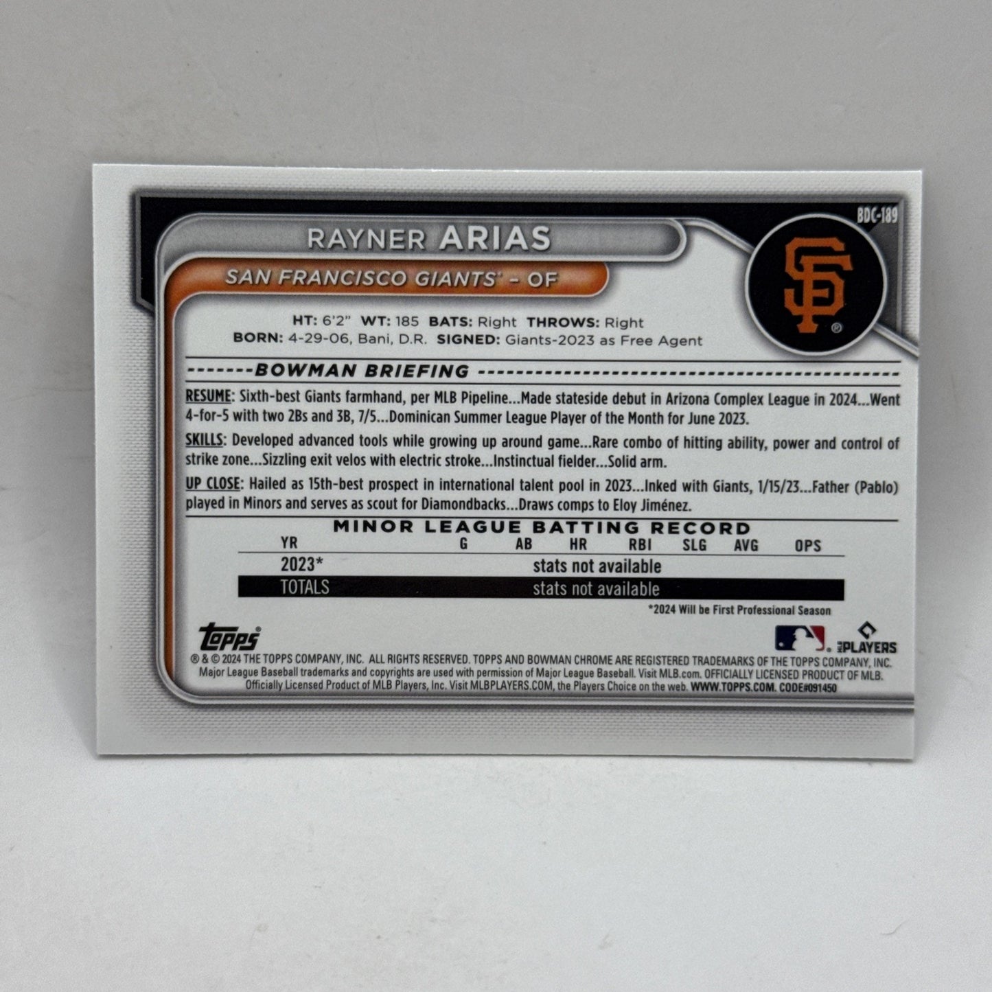 2024 Bowman Draft - Chrome Rayner Arias #BDC-189 Sparkle Refractor /200 Giants