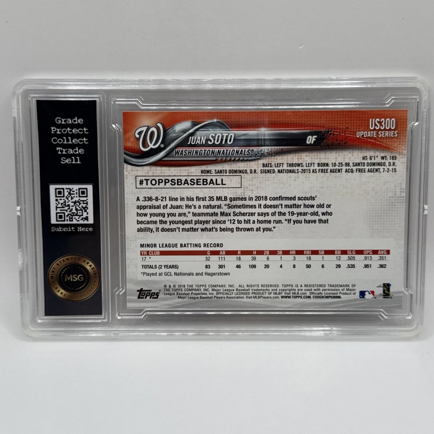 2018 Topps Update #US300 Juan Soto Batting Nationals RC Rookie Graded 10 GEM