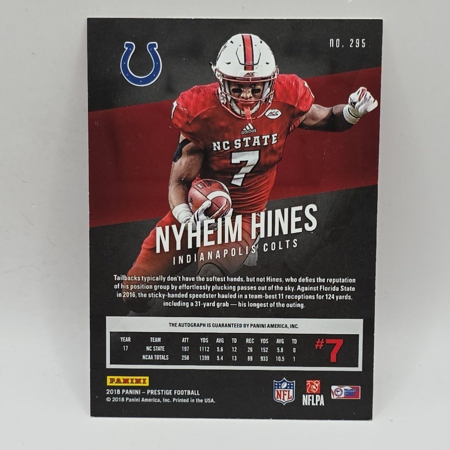 2018 Panini Prestige Rookie Signatures Nyheim Hines #295 Auto RC NFL Browns