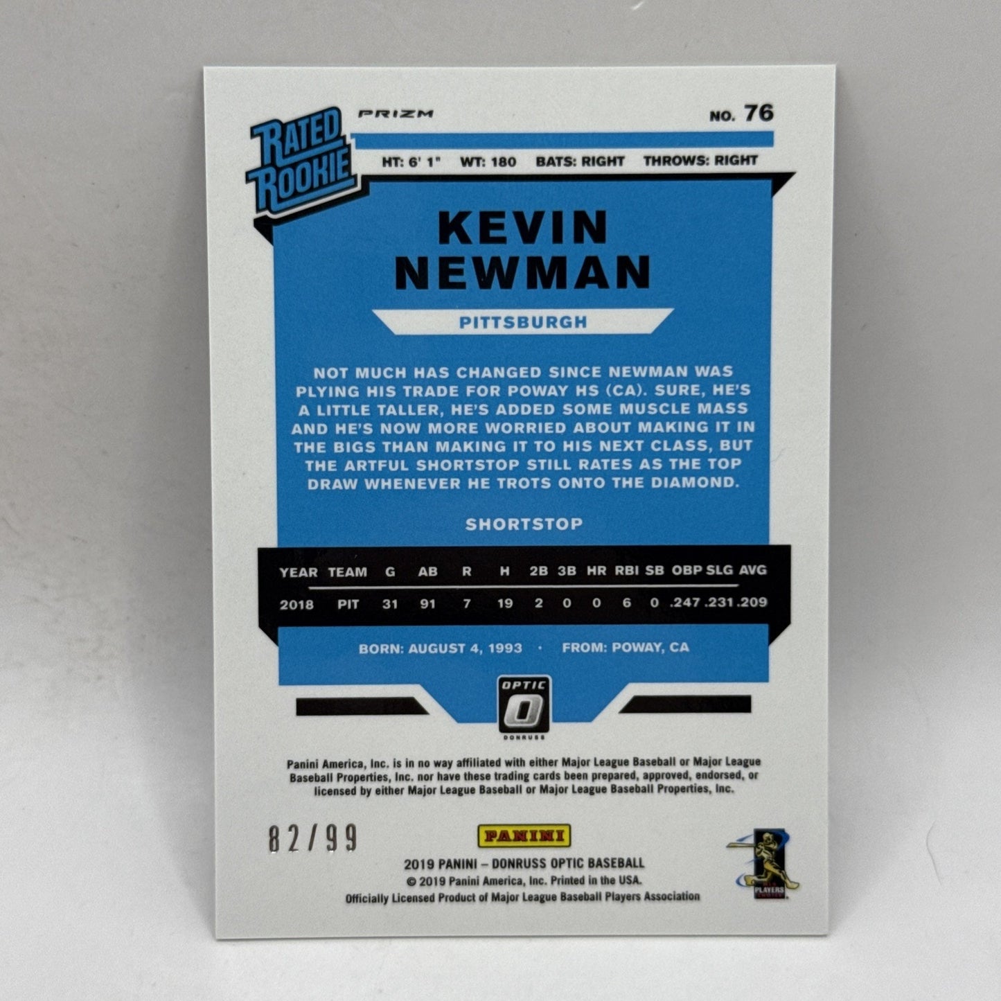 2019 Donruss Optic Rated Rookies Blue Pandora Prizm /99 Kevin Newman Pittsburgh