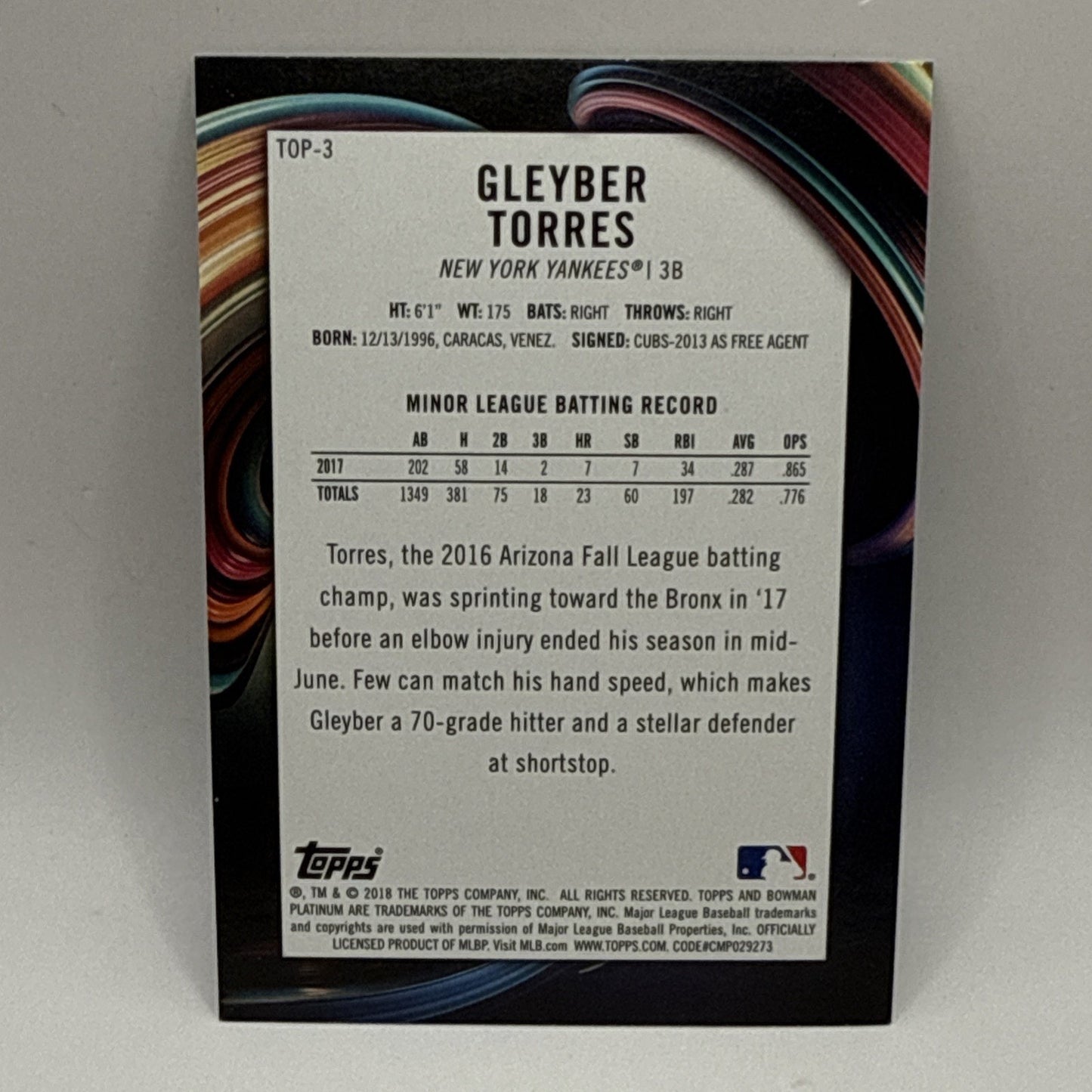 Gleyber Torres 2018 Bowman Platinum Top Prospects #TOP-3 Ice Parallel