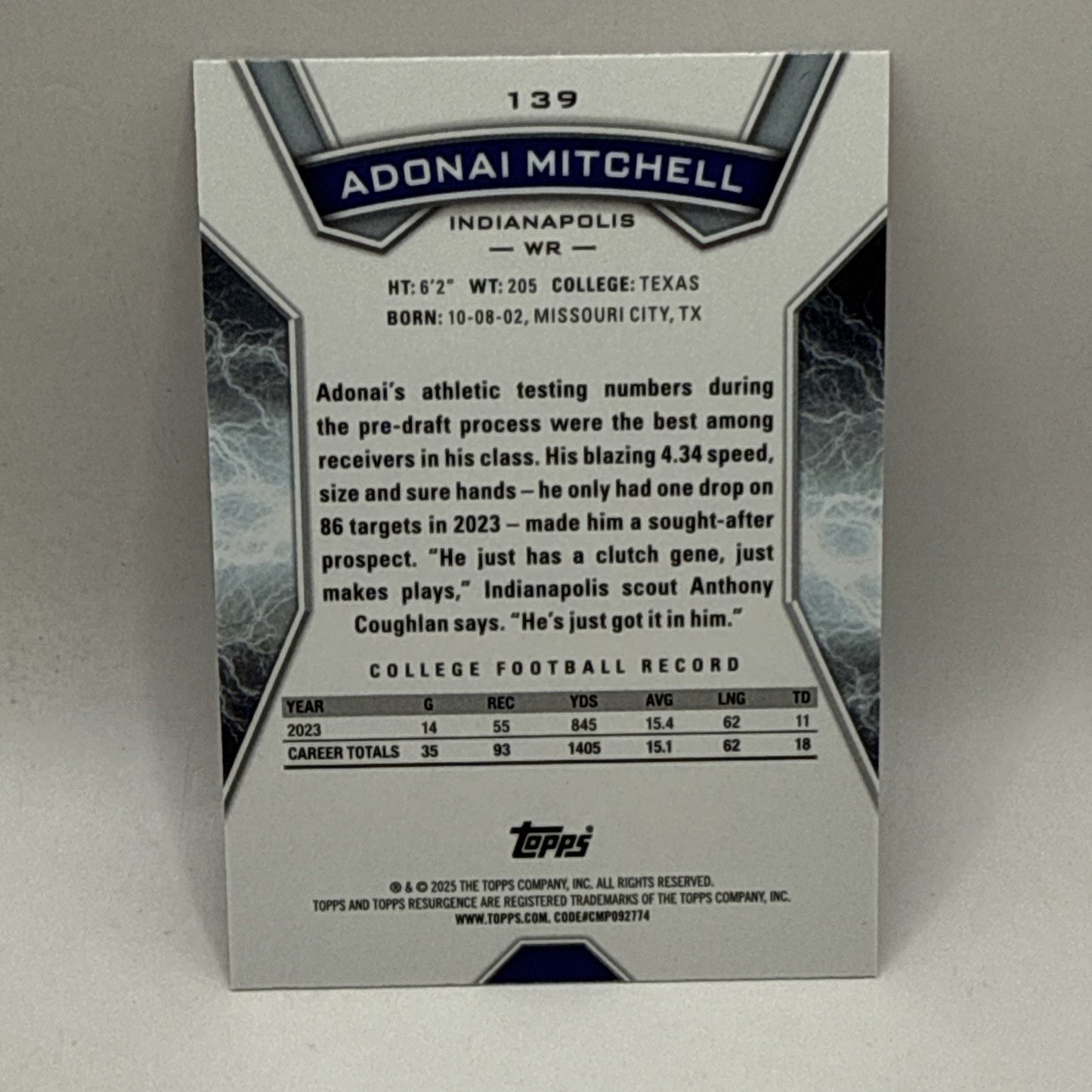 2024 Topps Resurgence Adonai Mitchell Pink Surge #/199 Colts Rookie RC