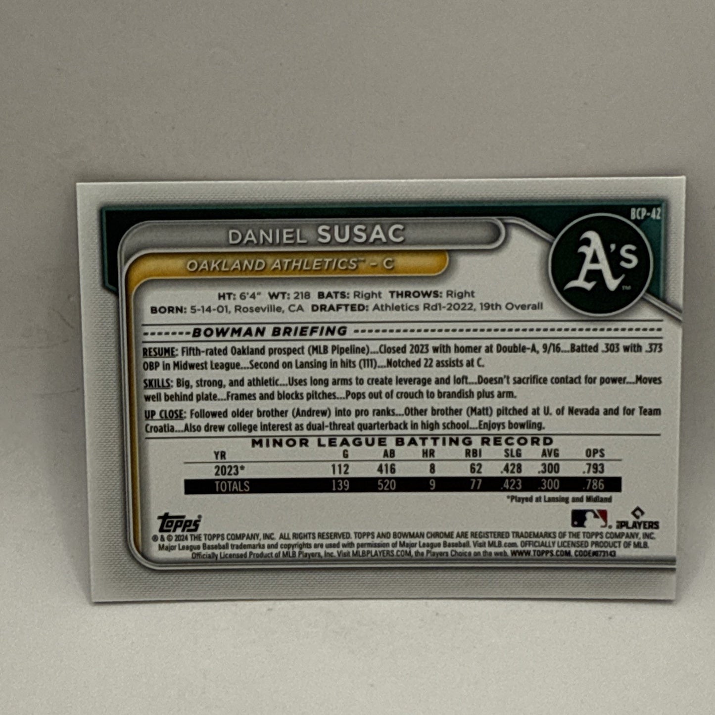Daniel Susac 2024 Bowman Chrome Prospects Purple Refractor /250 #BCP-42 Athletic