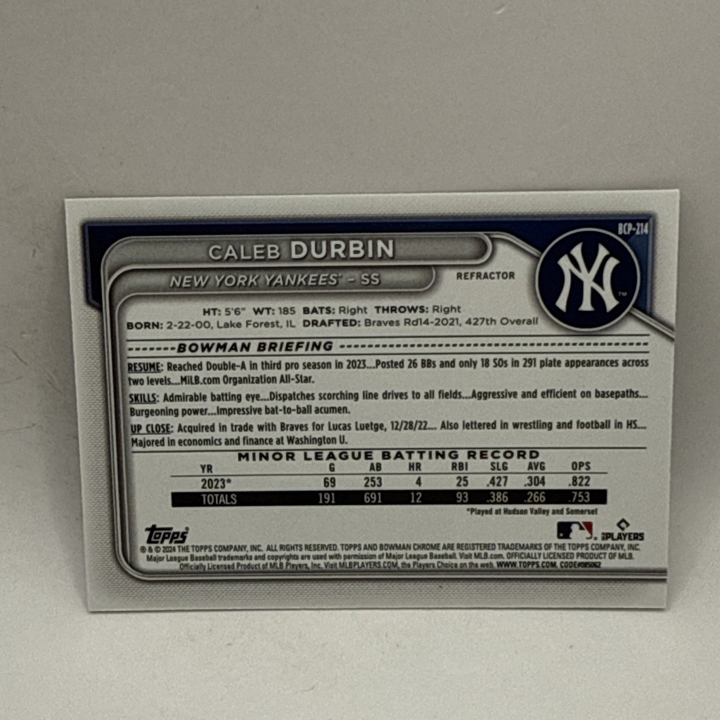 2024 Bowman Chrome - Prospects Caleb Durbin #BCP-214 Refractor /499 (RC)