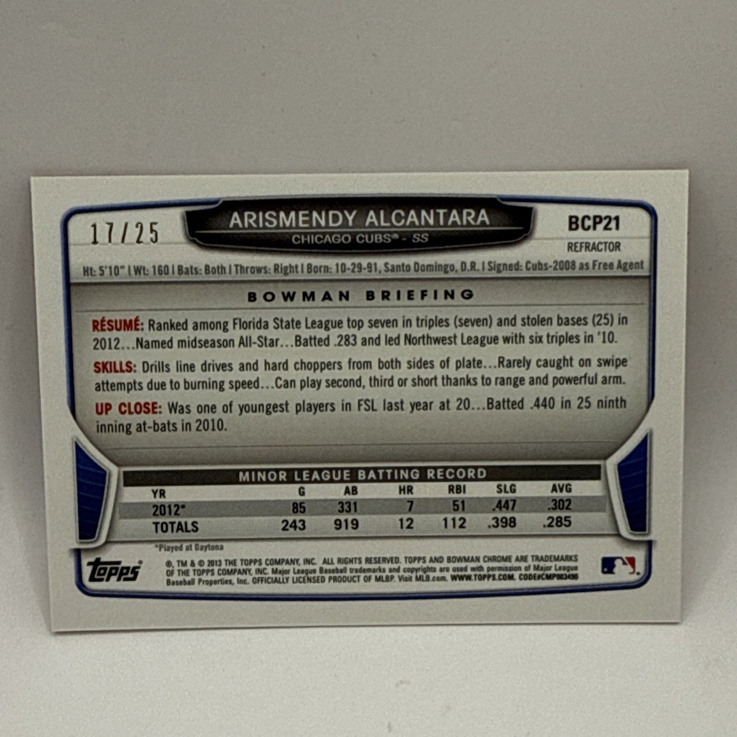 ARISMENDY ALCANTARA 2013 BOWMAN CHROME #BCP21 ROOKIE ORANGE REFRACTOR /25 MLB