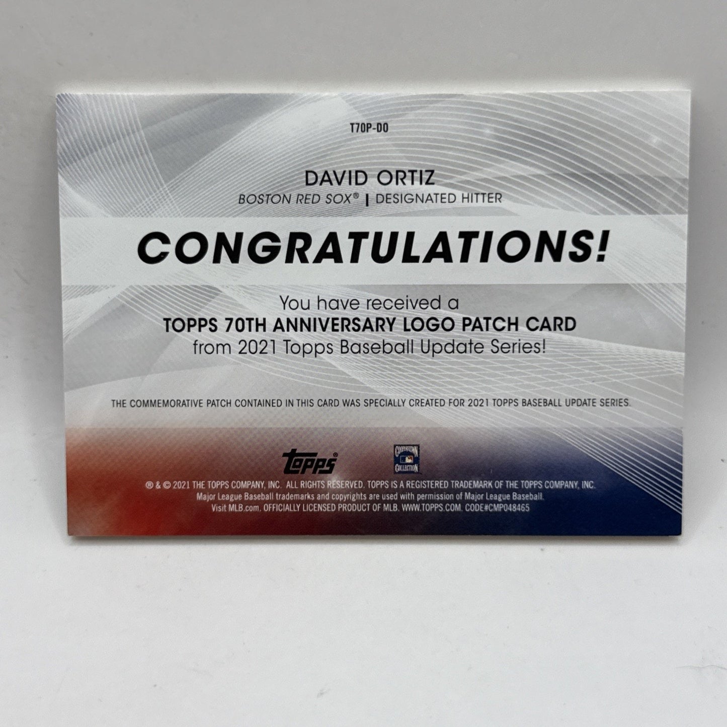 2021 Topps Update - David Ortiz 70th Commemorative Patch (#T70P-DO) Red Sox MLB