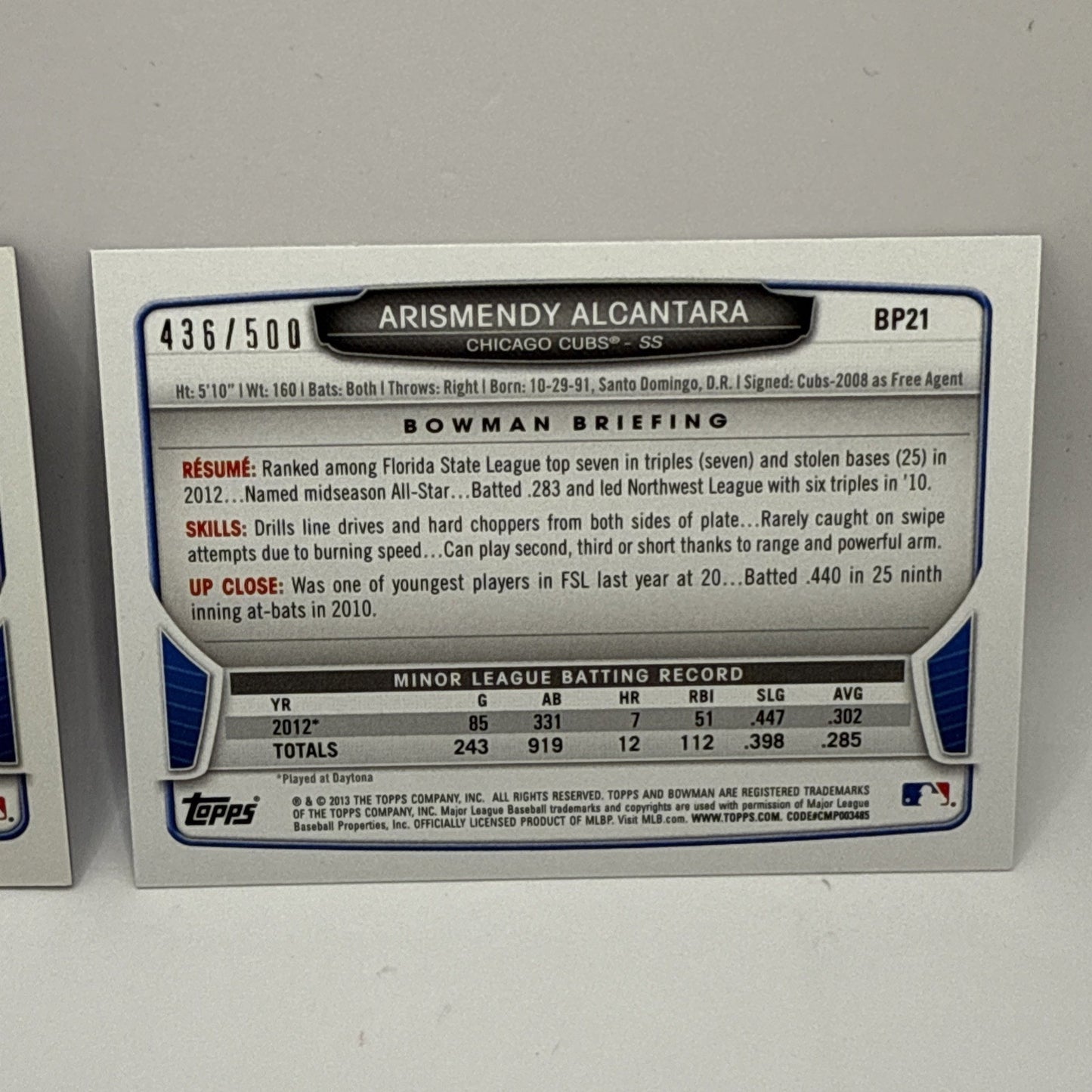 ARISMENDY ALCANTARA 2013 BOWMAN CHROME #BCP21 ROOKIE REFRACTORS /199 & /500 Sp