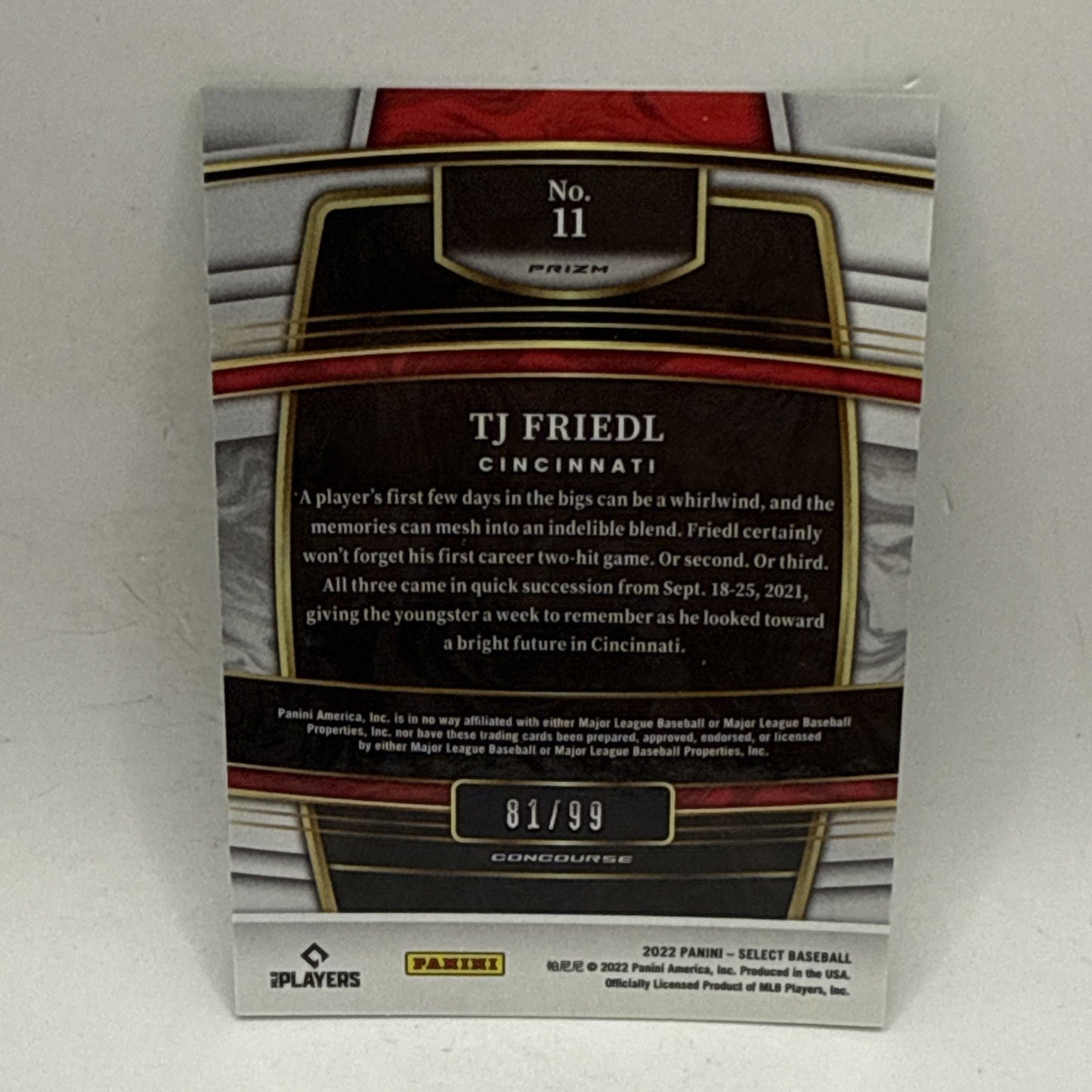 TJ Friedl 2022 Panini Select Rookie NEON GREEN PRIZM #'d/99 Cincinnati Reds SP