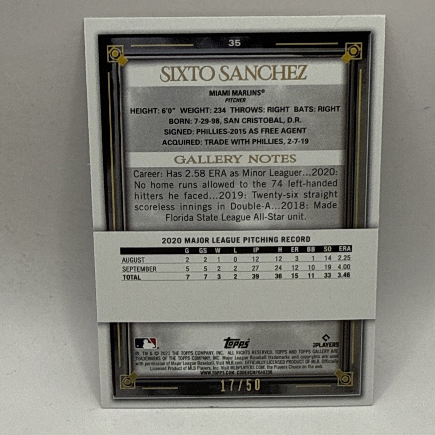 2021 Topps Gallery Blue Pattern /50 Sixto Sanchez #35 Rookie RC Marlins MLB Card