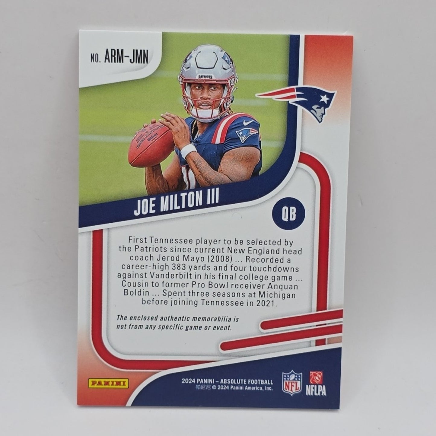 2024 Panini Absolute - Absolute Rookie Materials Joe Milton III #ARM-JMN