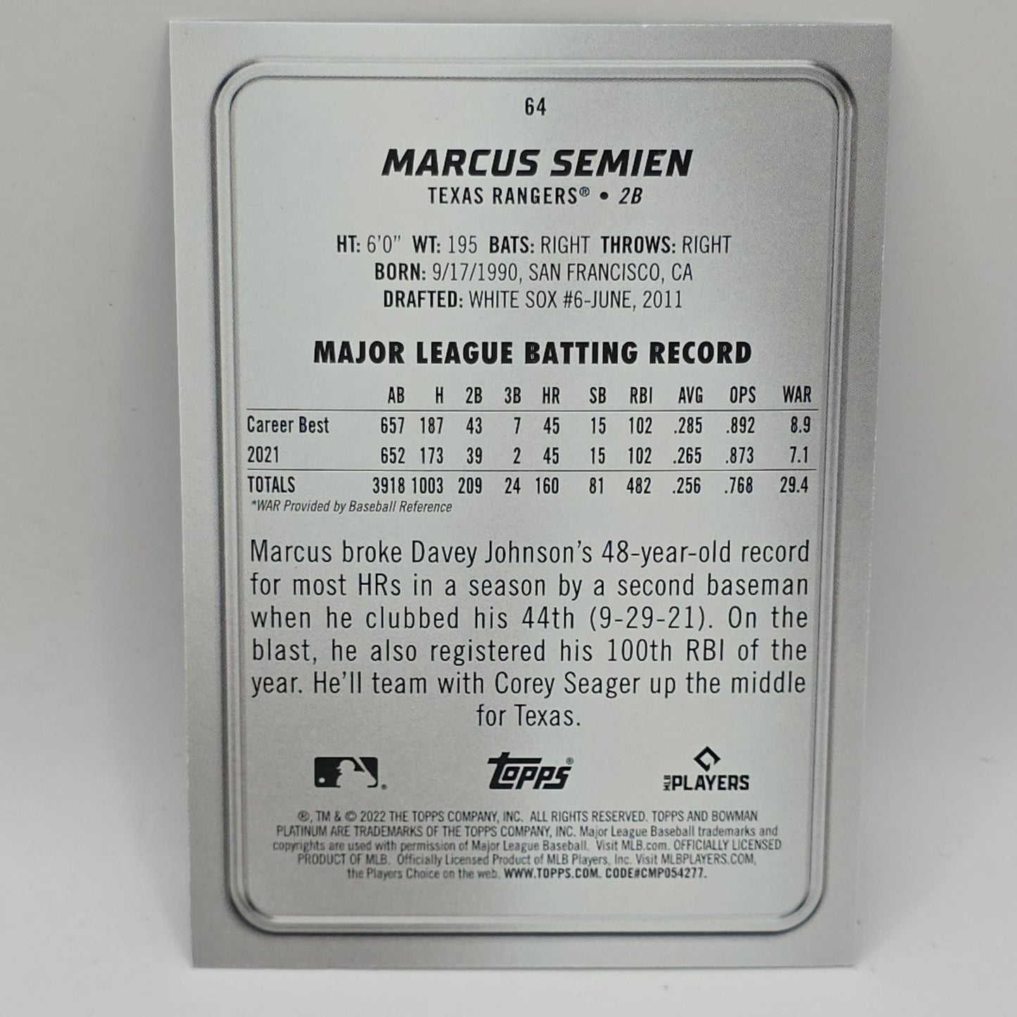 2022 Bowman Platinum #64 Marcus Semien Aqua Ice Foilboard #/250 MLB Rangers