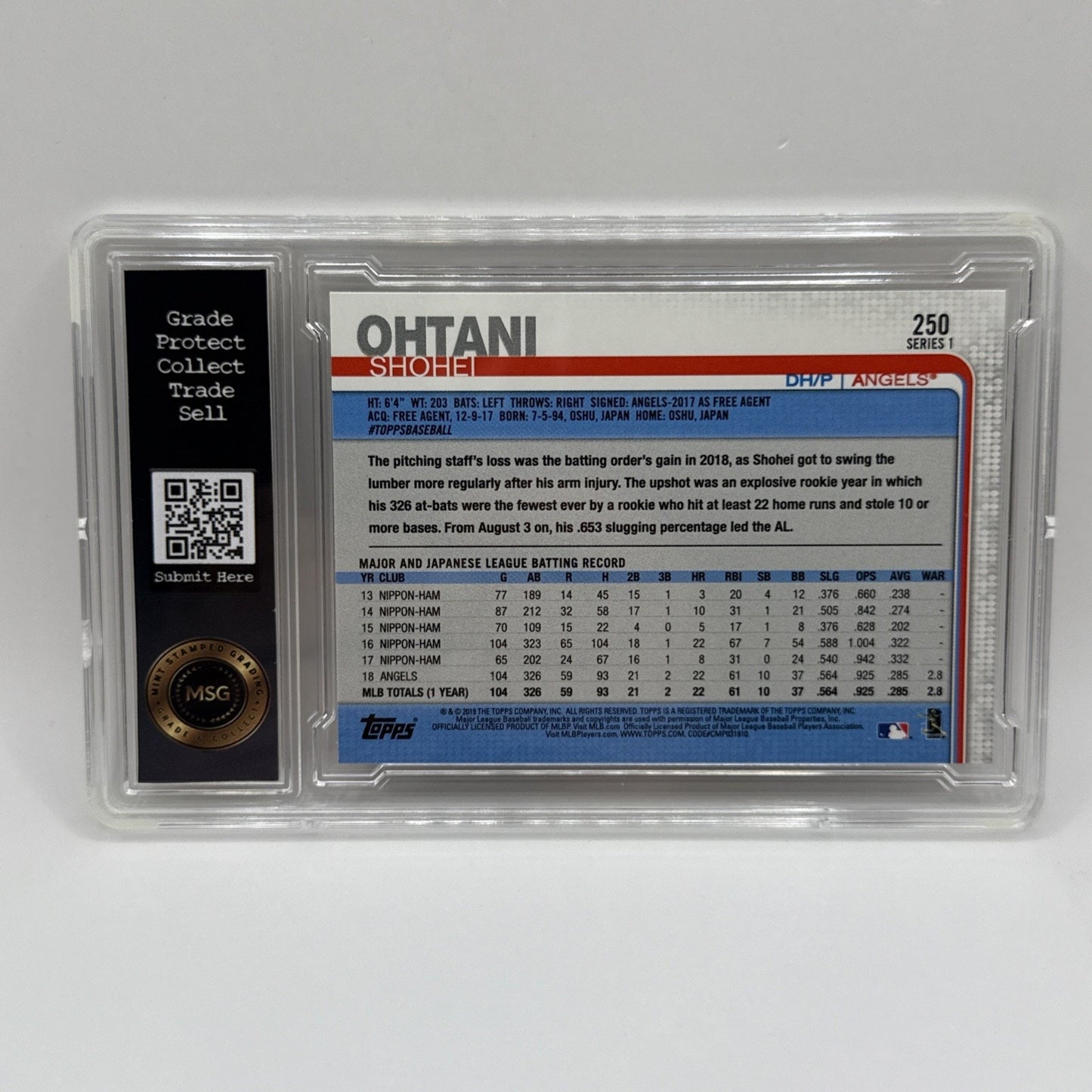 Shohei Ohtani 2019 Topps #250 Graded 9 Mint All Star Rookie Good Cup