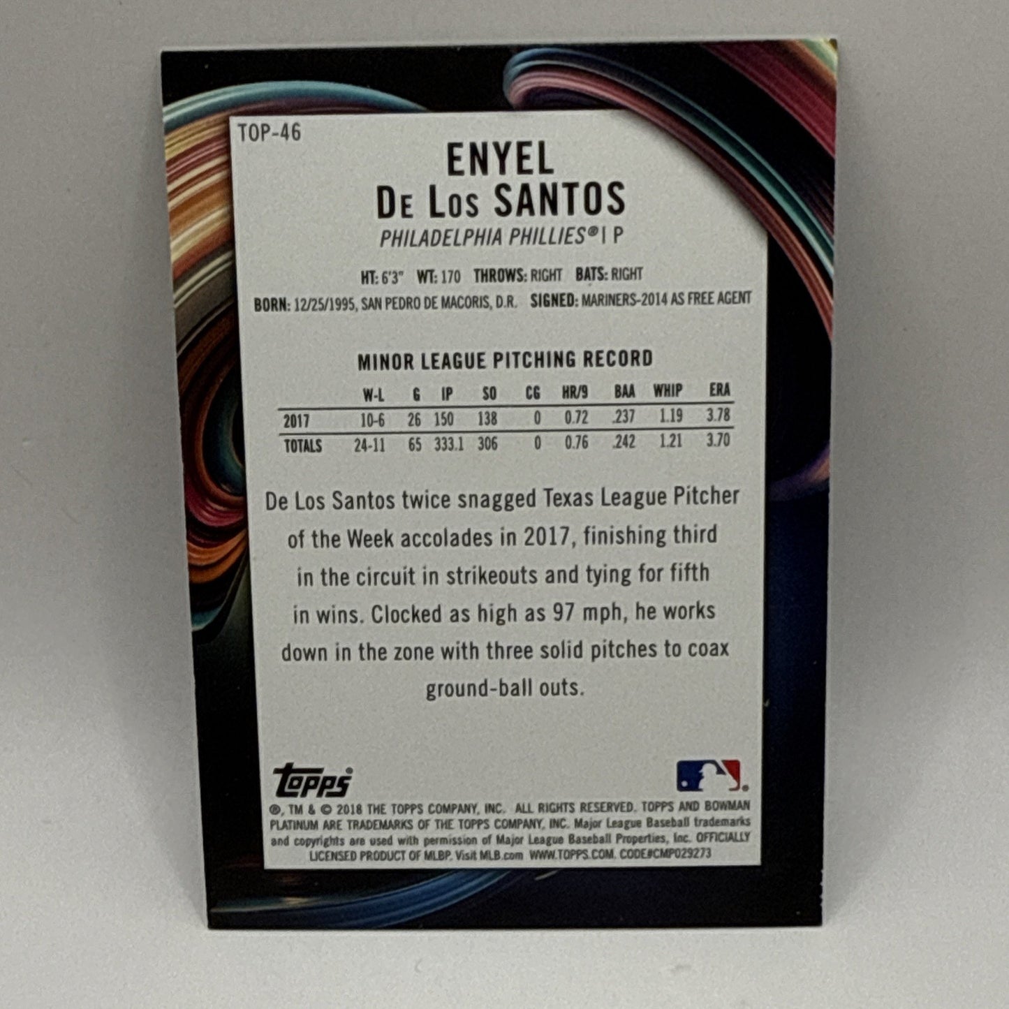 F50703 2018 Bowman Platinum Top Prospects Blue /150 Enyel De Los Santos Phillies