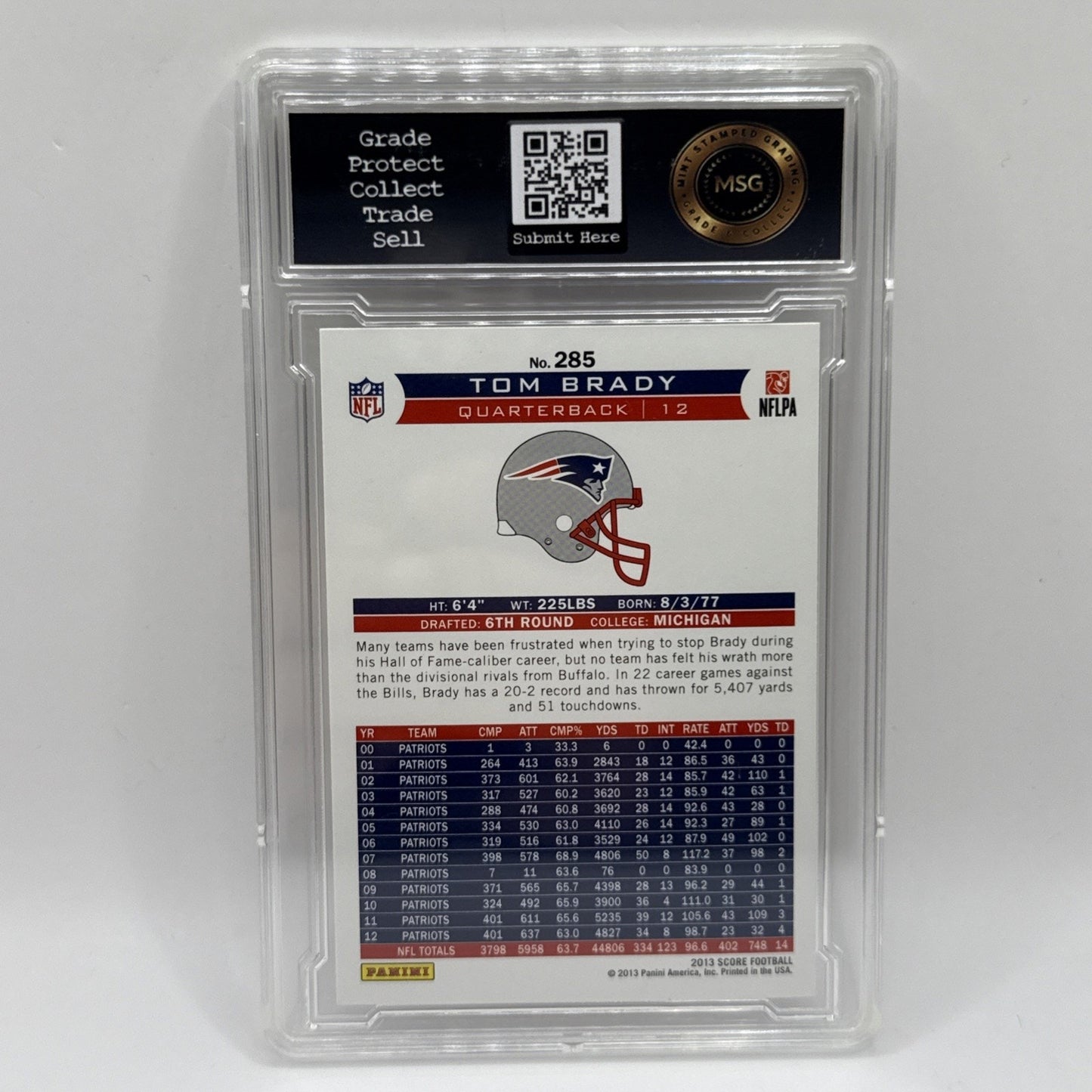 TOM BRADY 2013 Score #285 Franchise Patriots Buccaneers Graded 9 Mint NFL Card