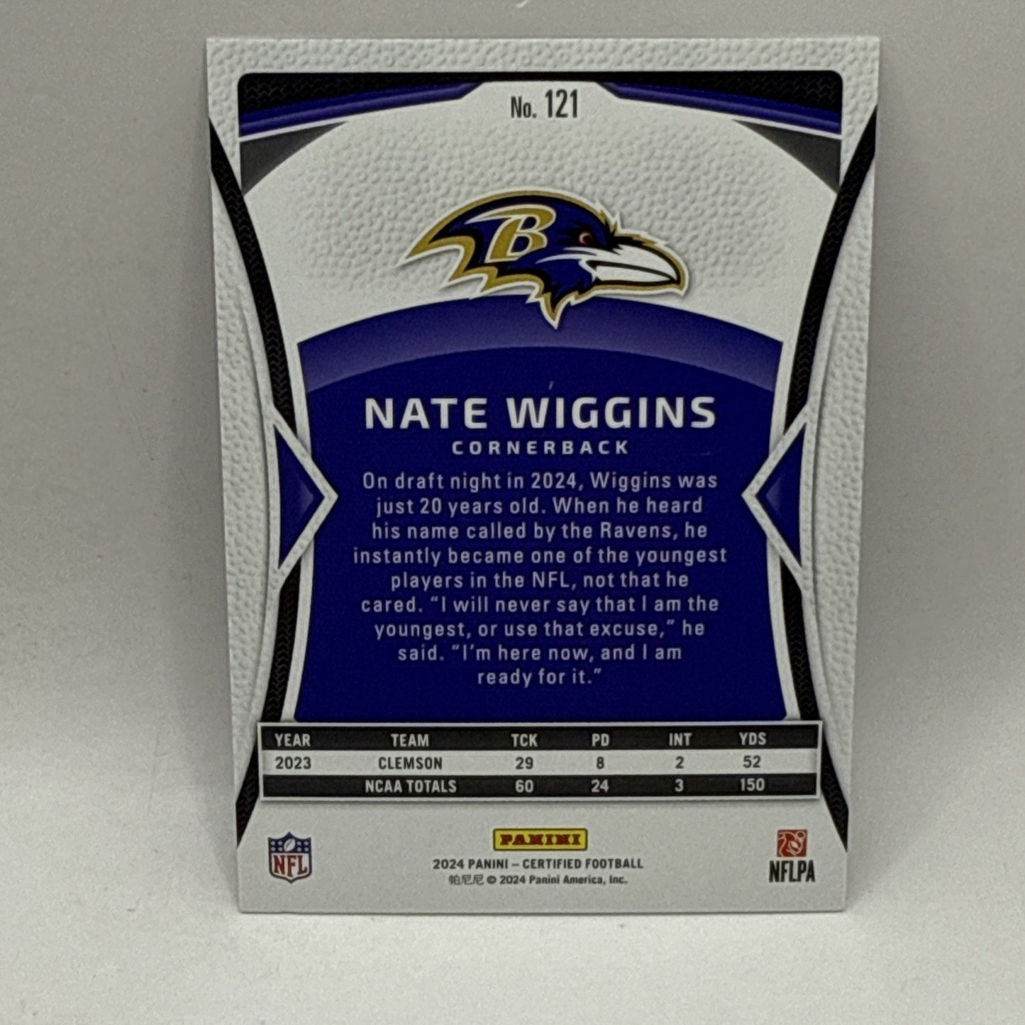 Nate Wiggins 2024 Panini Certified RC /400 #121 Baltimore Ravens ROOKIE