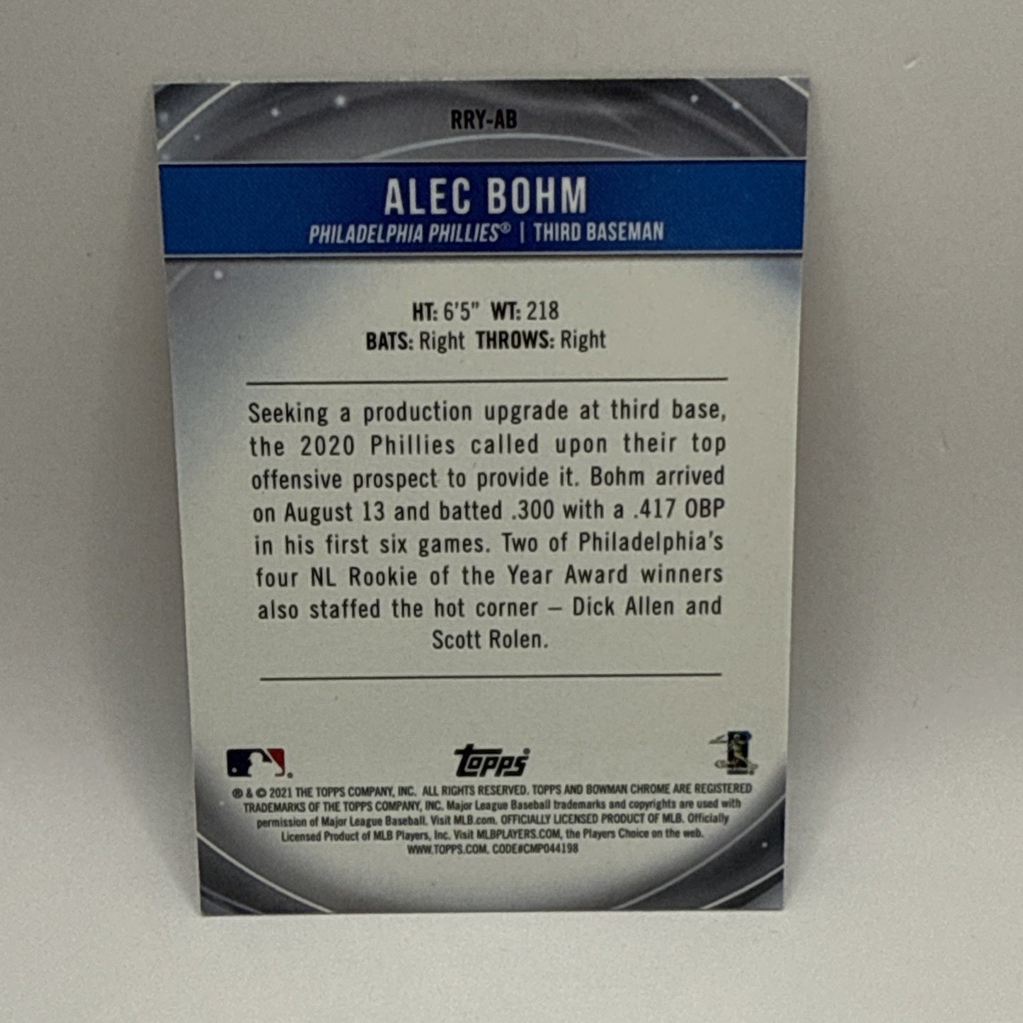 2021 Bowman Chrome Rookie of the Year Favorites Refractor ALEC BOHM Phillies RC