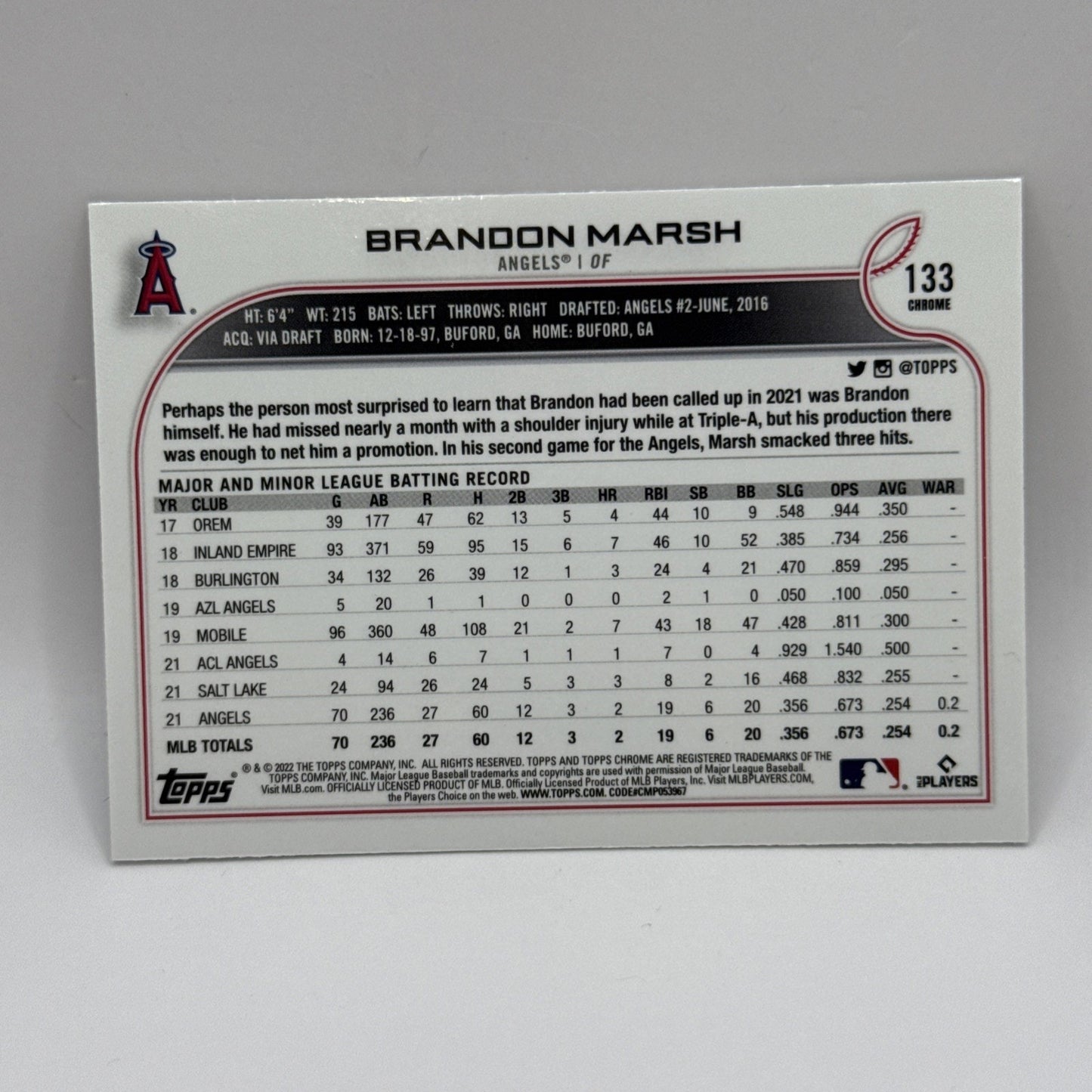 2022 Topps Chrome Rookie Sepia Refractor Angels Brandon Marsh RC