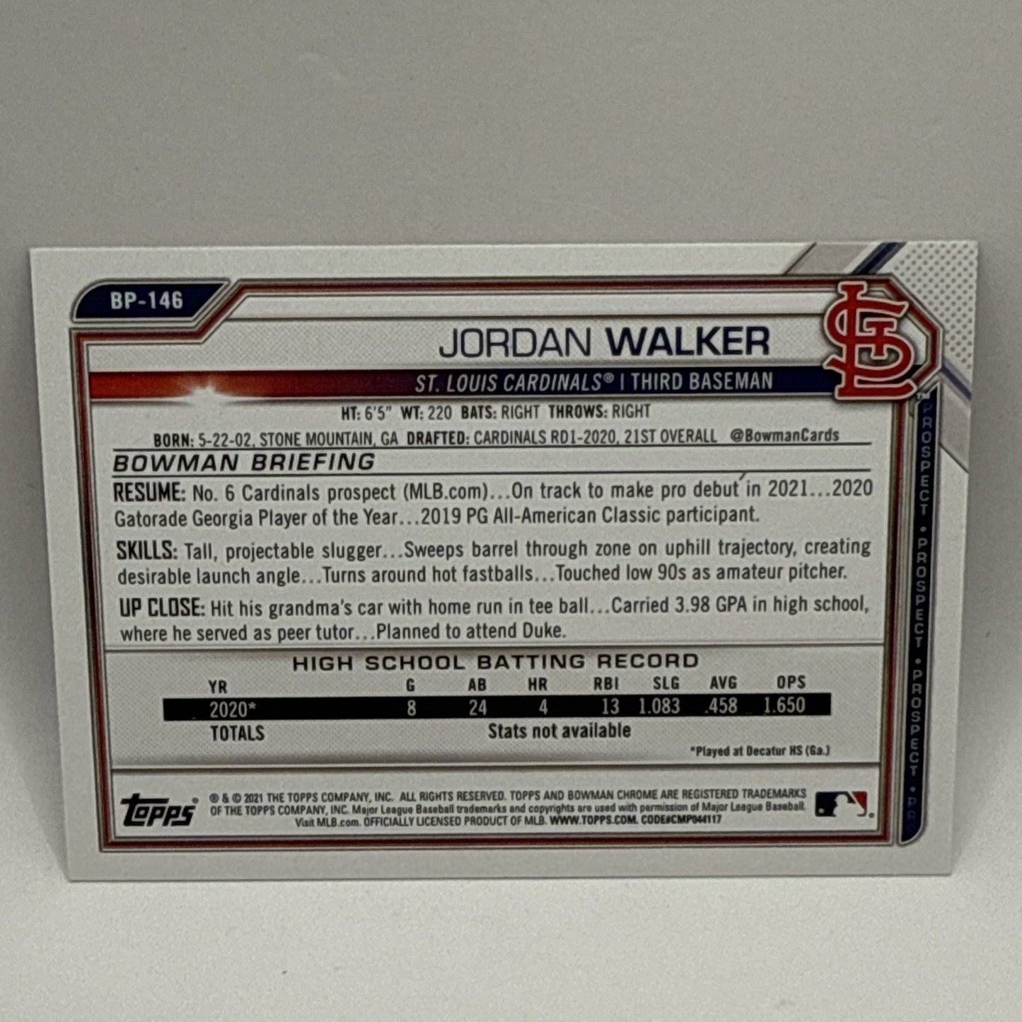 2021 Bowman Prospect Camo Parallel Card of Jordan Walker - Cardinals MLB