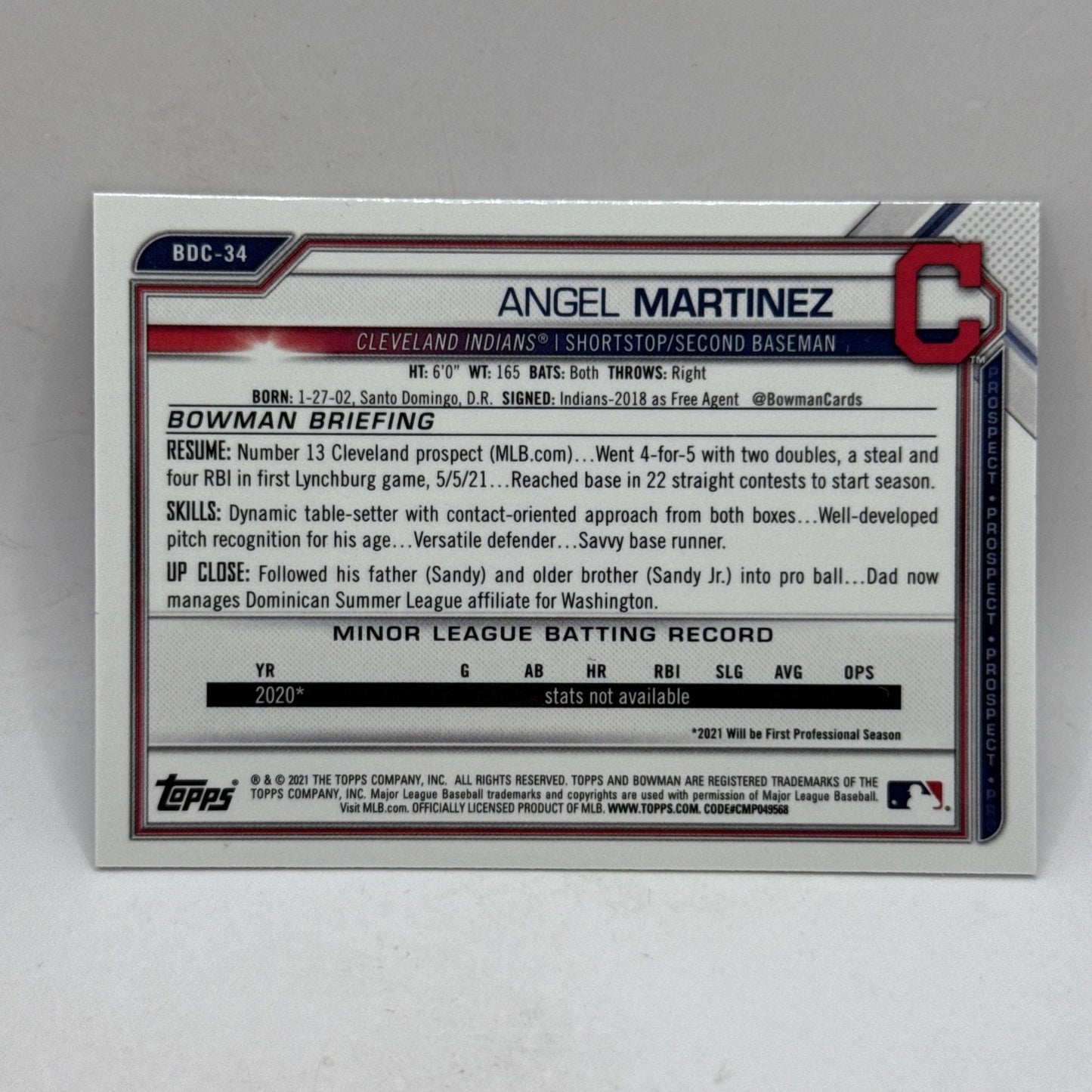 2021 Bowman Draft Angel Martinez #BDC-34 Sparkle Refractor Cleveland Indians