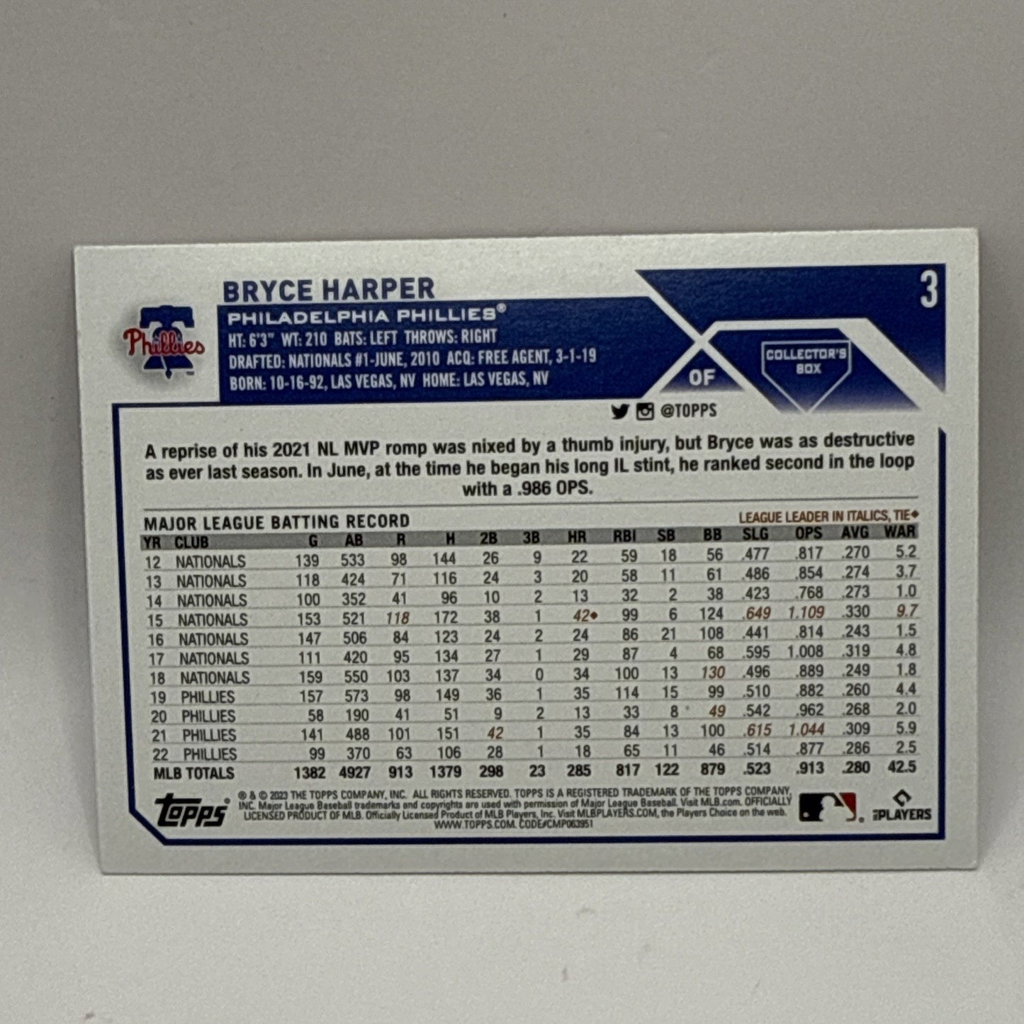 2023 TOPPS CHROME - BRYCE HARPER - #3 PRIZM REFRACTOR - PHILADELPHIA PHILLIES