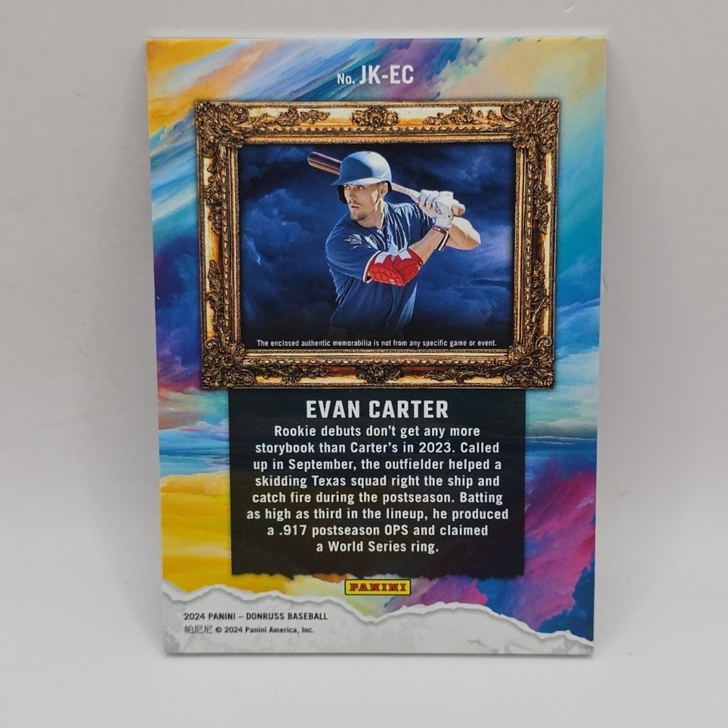 2024 Donruss Evan Carter Jersey Kings Patch Orange Ice Prizm RC Rangers MLB