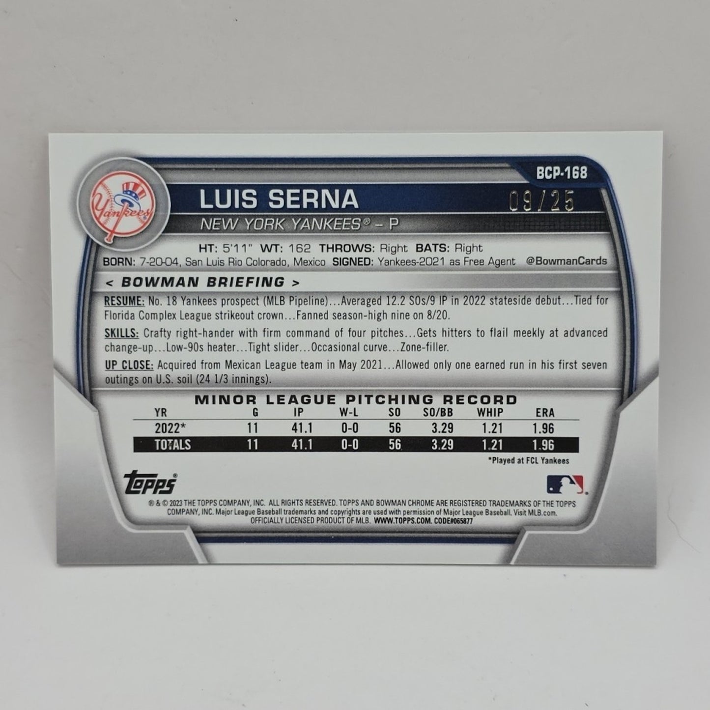 Luis Serna 2023 Bowman Chrome 1st Orange Shimmer Refractor 12/25 BCP-168 Yankees