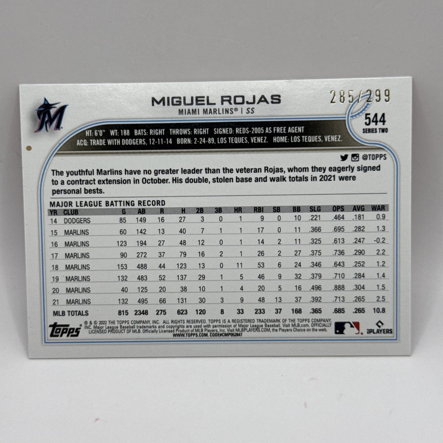 2022 Topps Miguel Rojas Orange Foil SP /299 Marlins SS Miami Marlins MLB