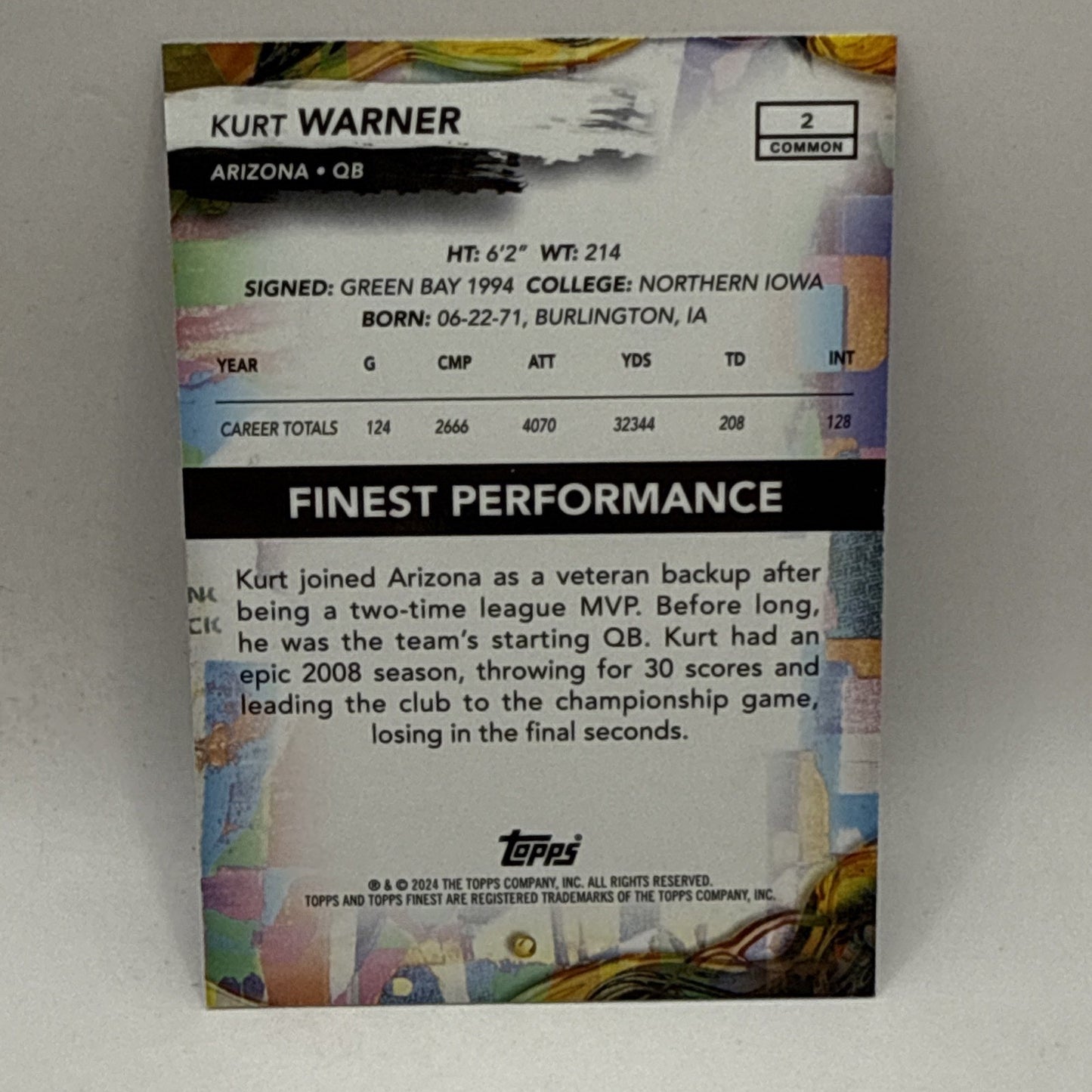2024 Topps Finest - Common Kurt Warner #2 Purple Refractor /250 NFL Arizona