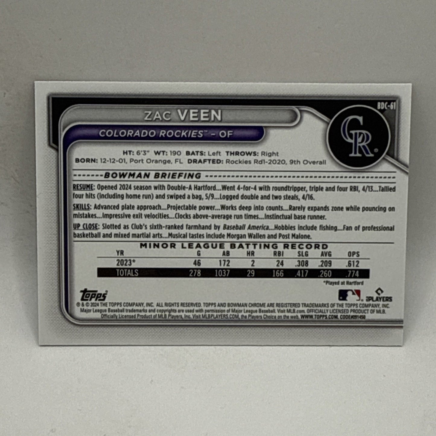 Zac Veen 2024 Bowman Draft Paper Green Border /99 #BD-61 Colorado Rockies MLB