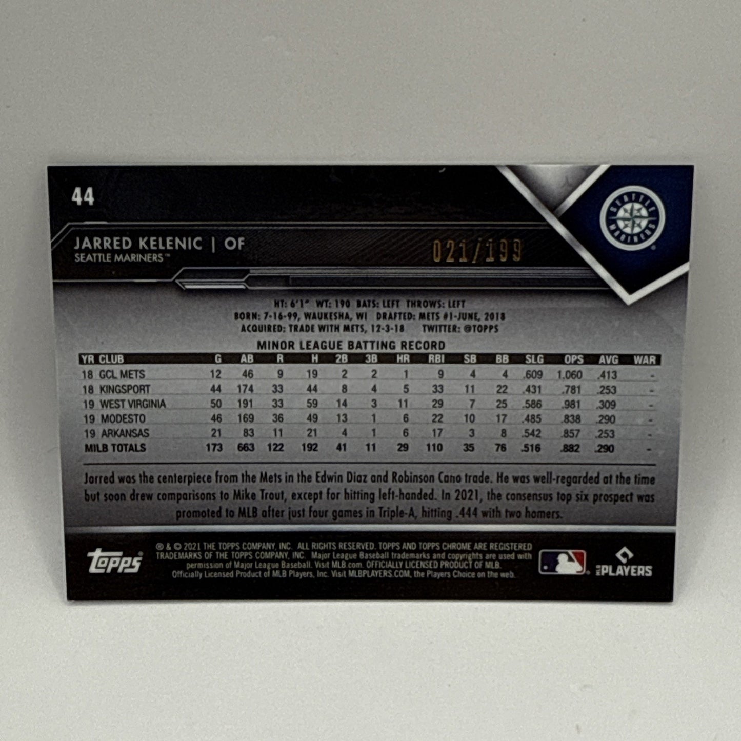 2021 Jarred Kelenic Topps Chrome Black Refractor Rookie Card /199 #44 Mariners