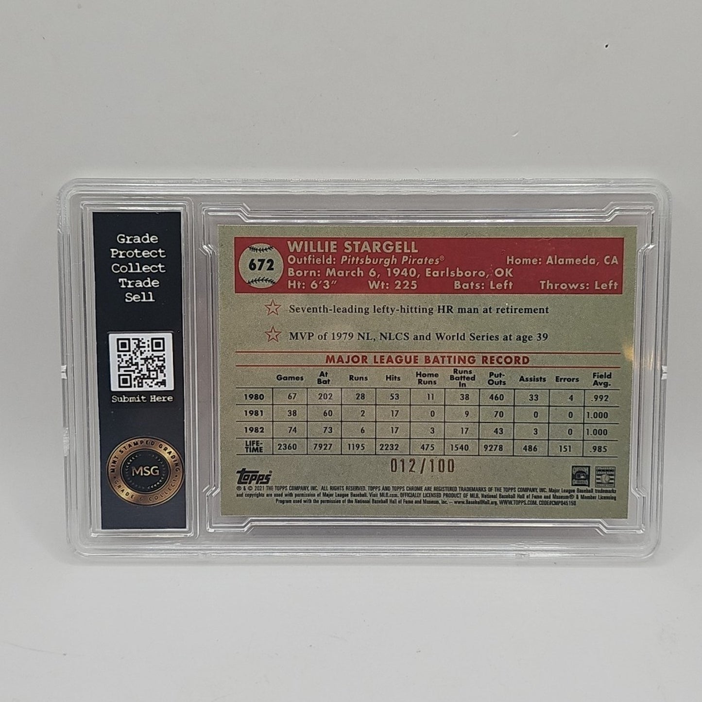 2021 Topps Chrome Platinum Willie Stargell Red Ice /100 #672 Pirates Graded 9