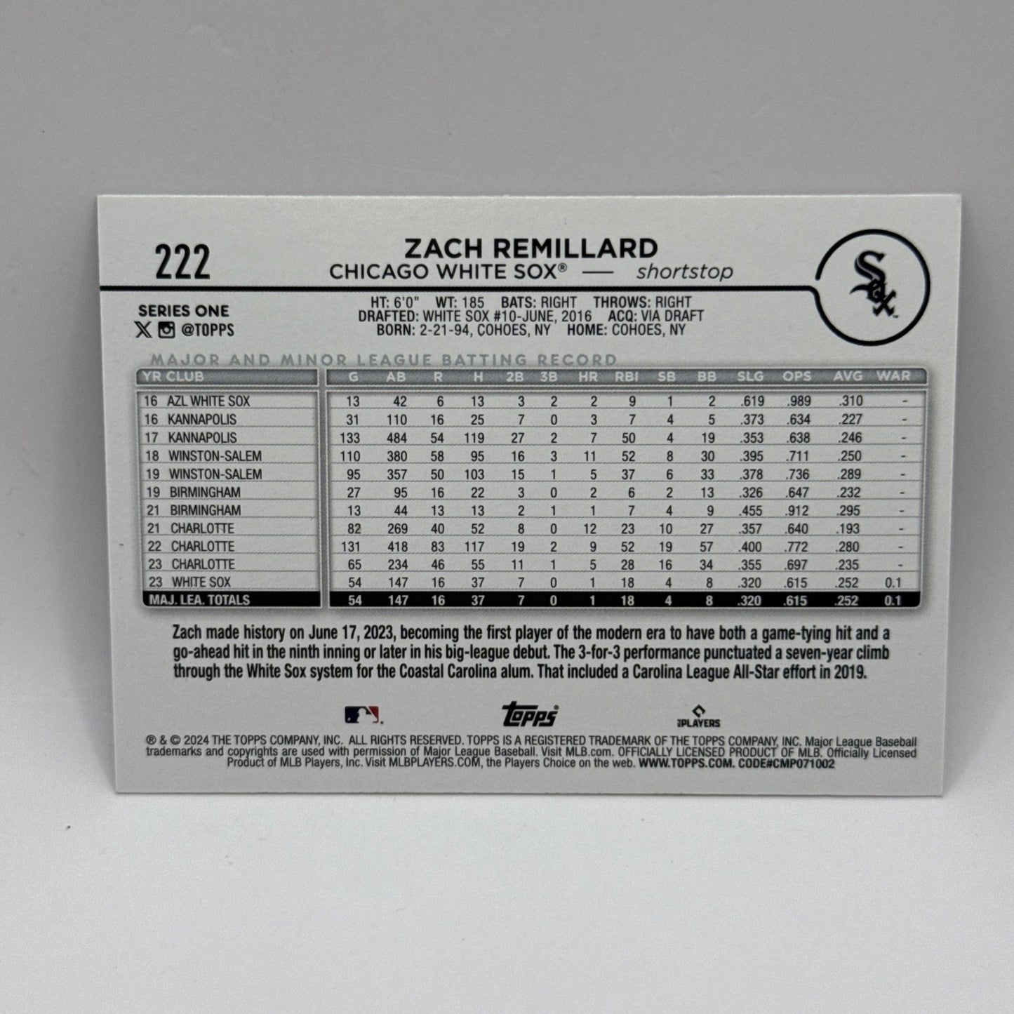 2024 Topps Series 1 White Sox Zach Remillard RC Silver Foil Parallel #222