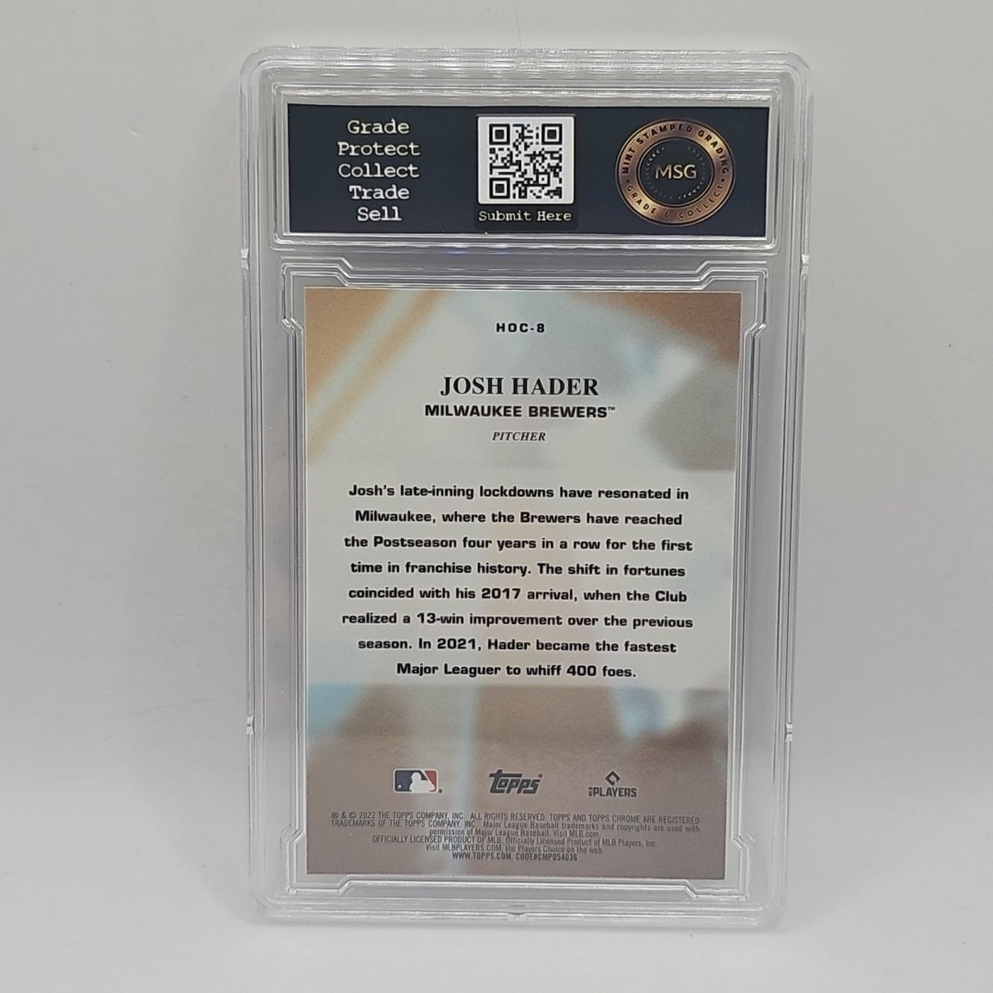 2022 Topps Chrome Heart of the City Josh Hader #HOC-8 Brewers MSG GRADED 9 MINT