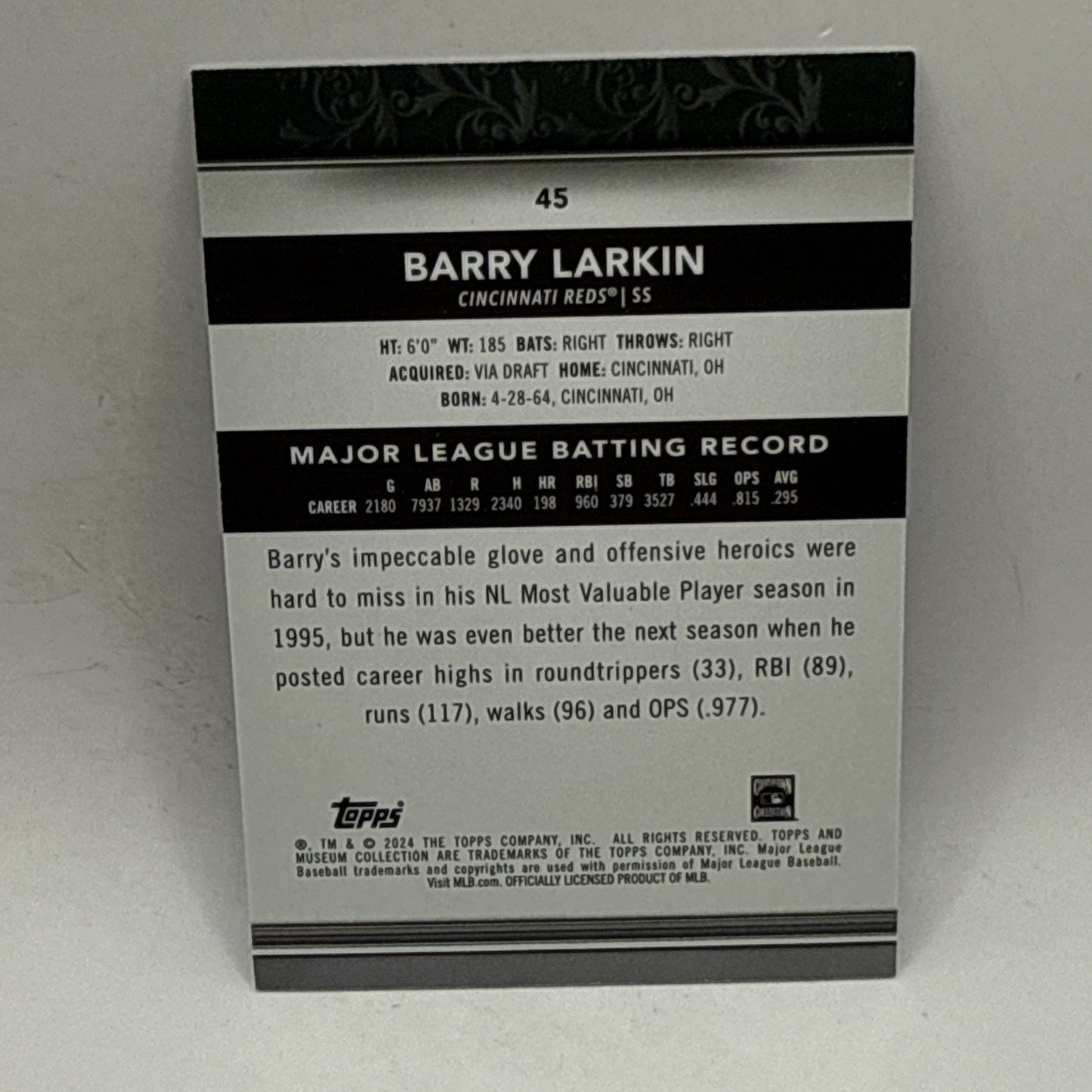 2024 Topps Museum Collection Barry Larkin #45 Blue Parallel /150 Cincinnati Reds