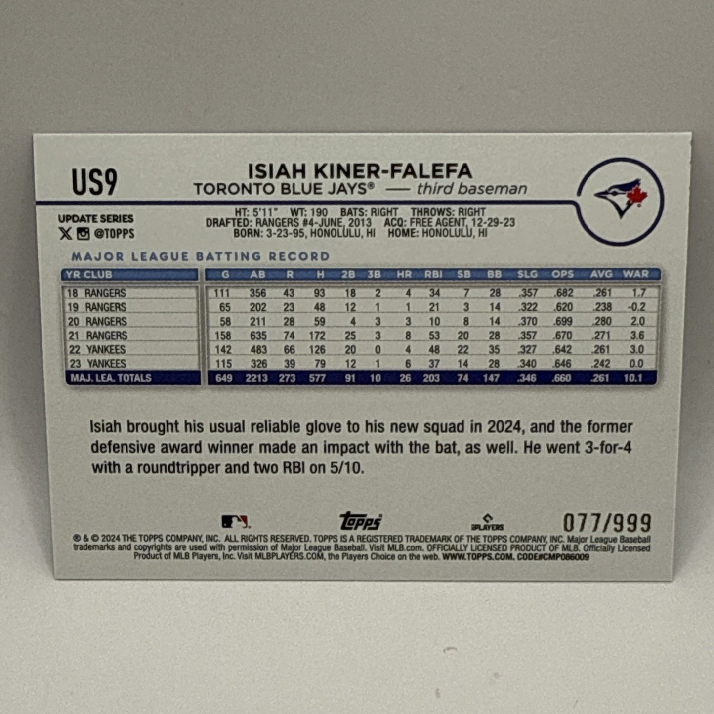 2024 Topps Update Series - Isiah Kiner-Falefa - Blue Foil - /999 #US-9 MLB