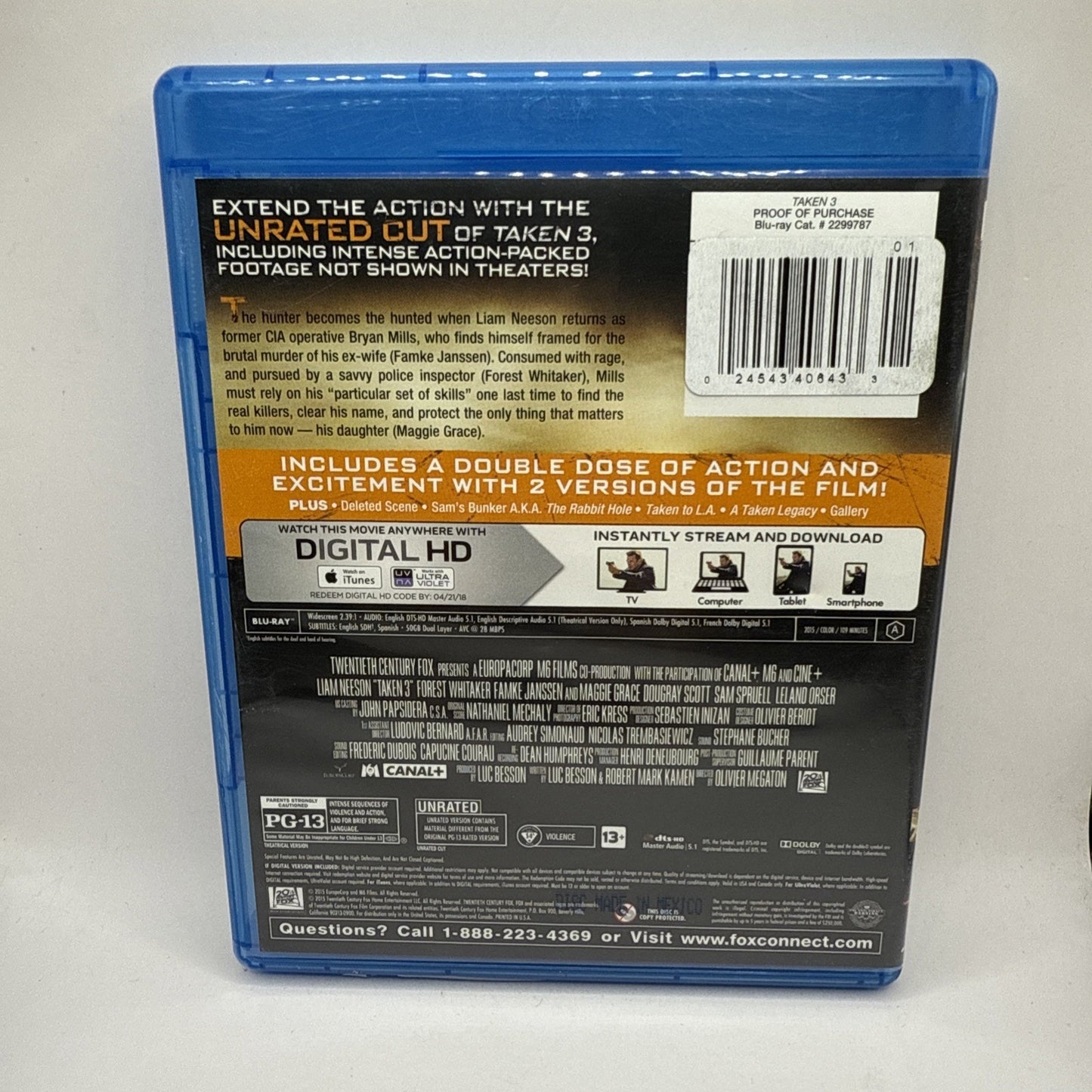 Taken 3 Blu-Ray Unrated Edition Liam Neeson Famke Janssen Maggie Grace Movie