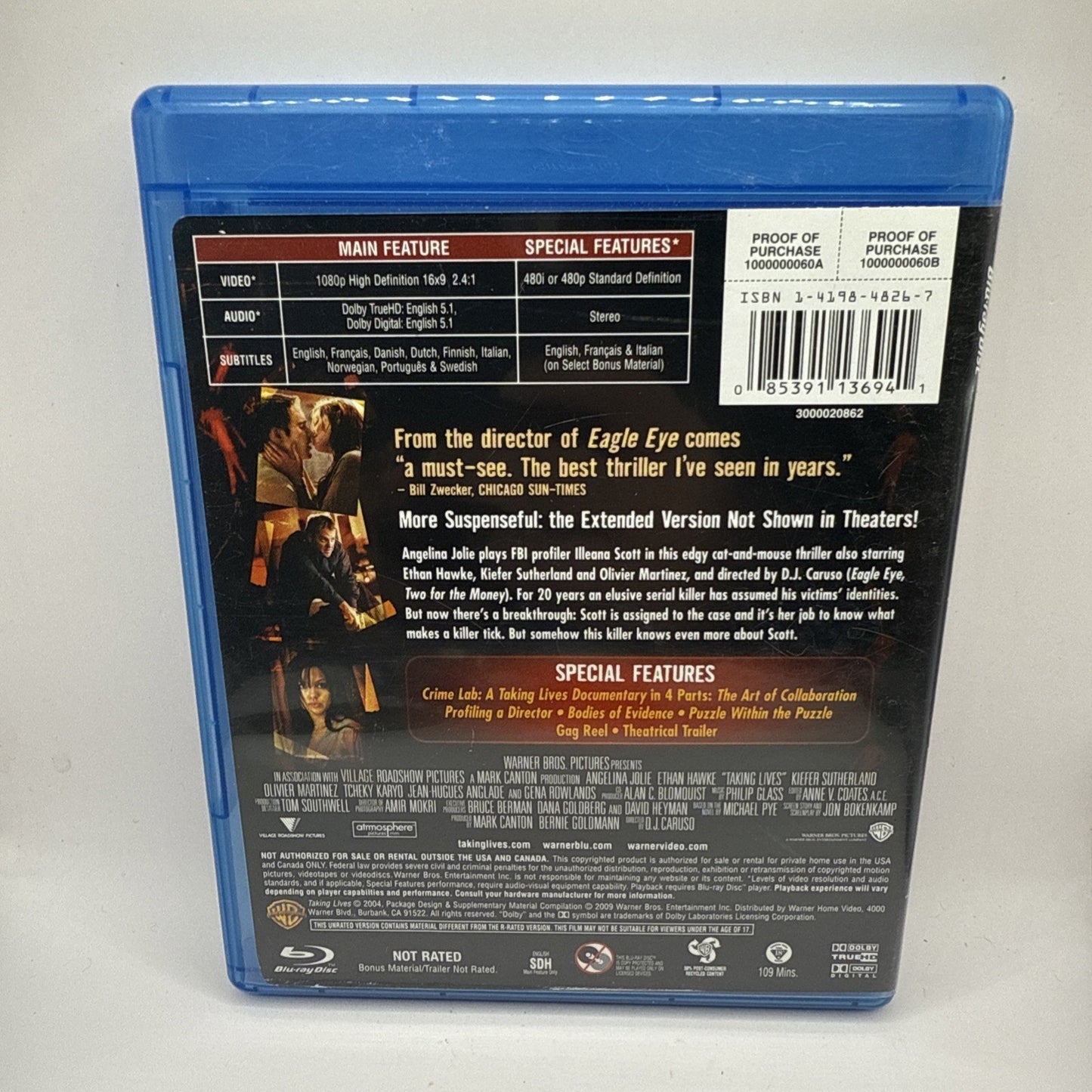 Taking Lives 2004 Blu-ray (Extended Cut) Angelina Jolie - Ethan Hawke - Movie