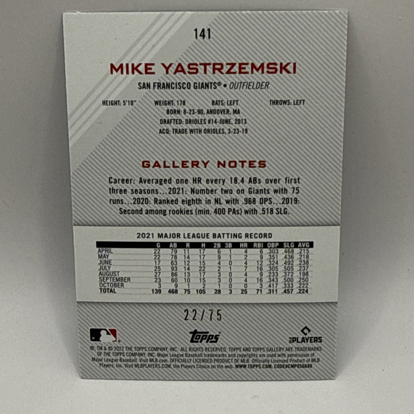 2022 Topps Gallery Blue /75 Mike Yastrzemski #141 MLB Giants Short Print