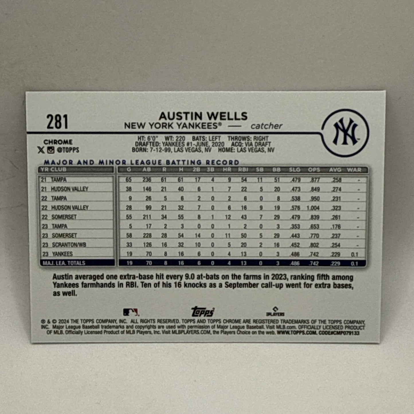 2024 Topps Chrome Logofractor - Purple /250 - Austin Wells #281 - Yankees RC