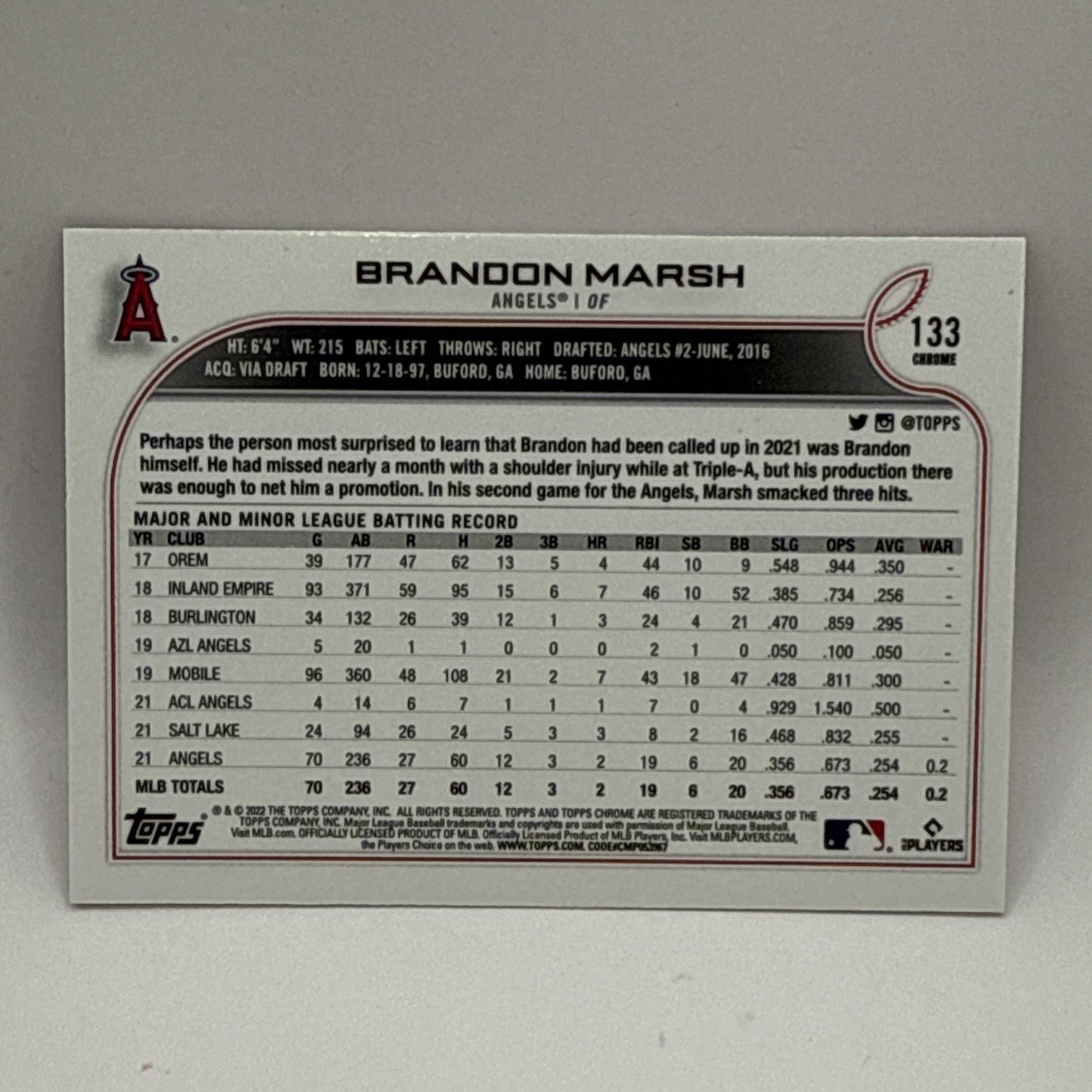 2022 Topps Chrome - Brandon Marsh #133 Pink Refractor (RC) Los Angeles Angels
