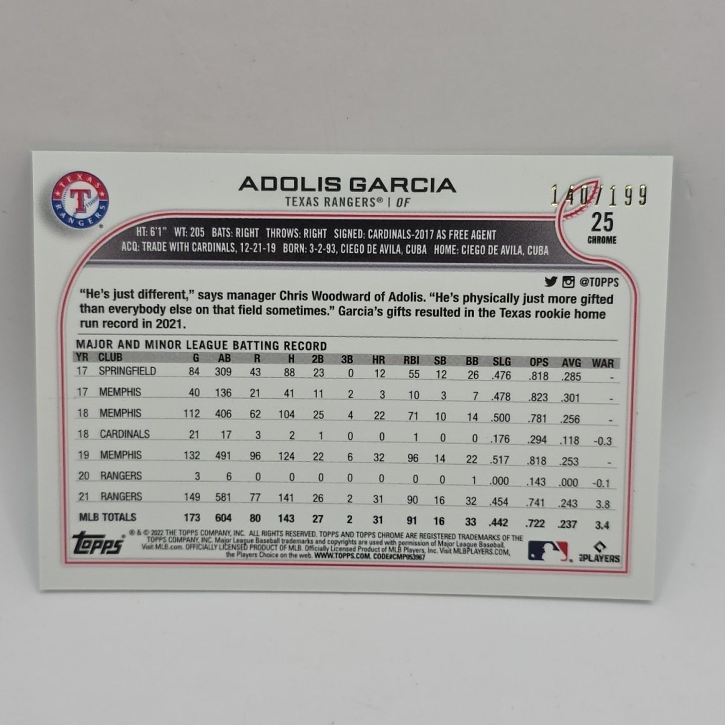 2022 Topps Chrome Aqua Wave Refractor /199 Adolis Garcia #25 Texas Rangers RC