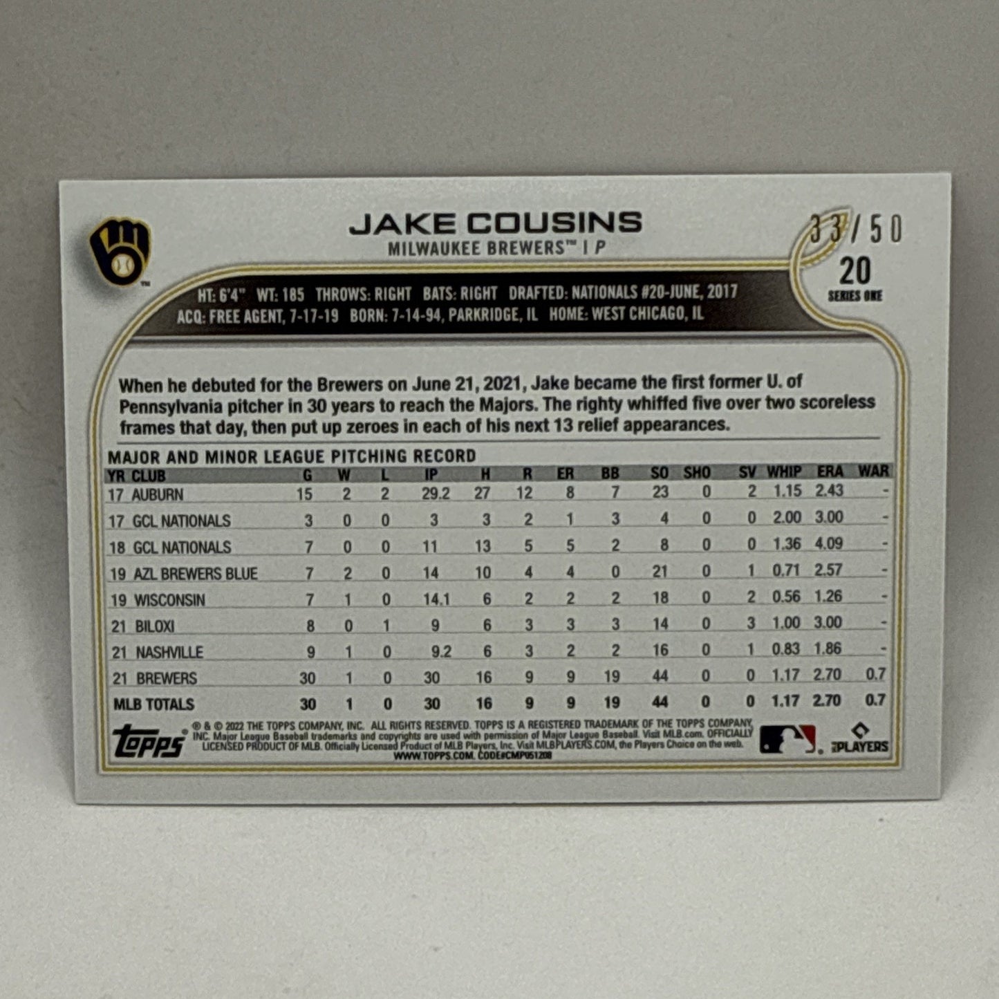 2022 Topps Series 1 1st Edition Red Jake Cousins #'d /50 Rookie RC MLB Card