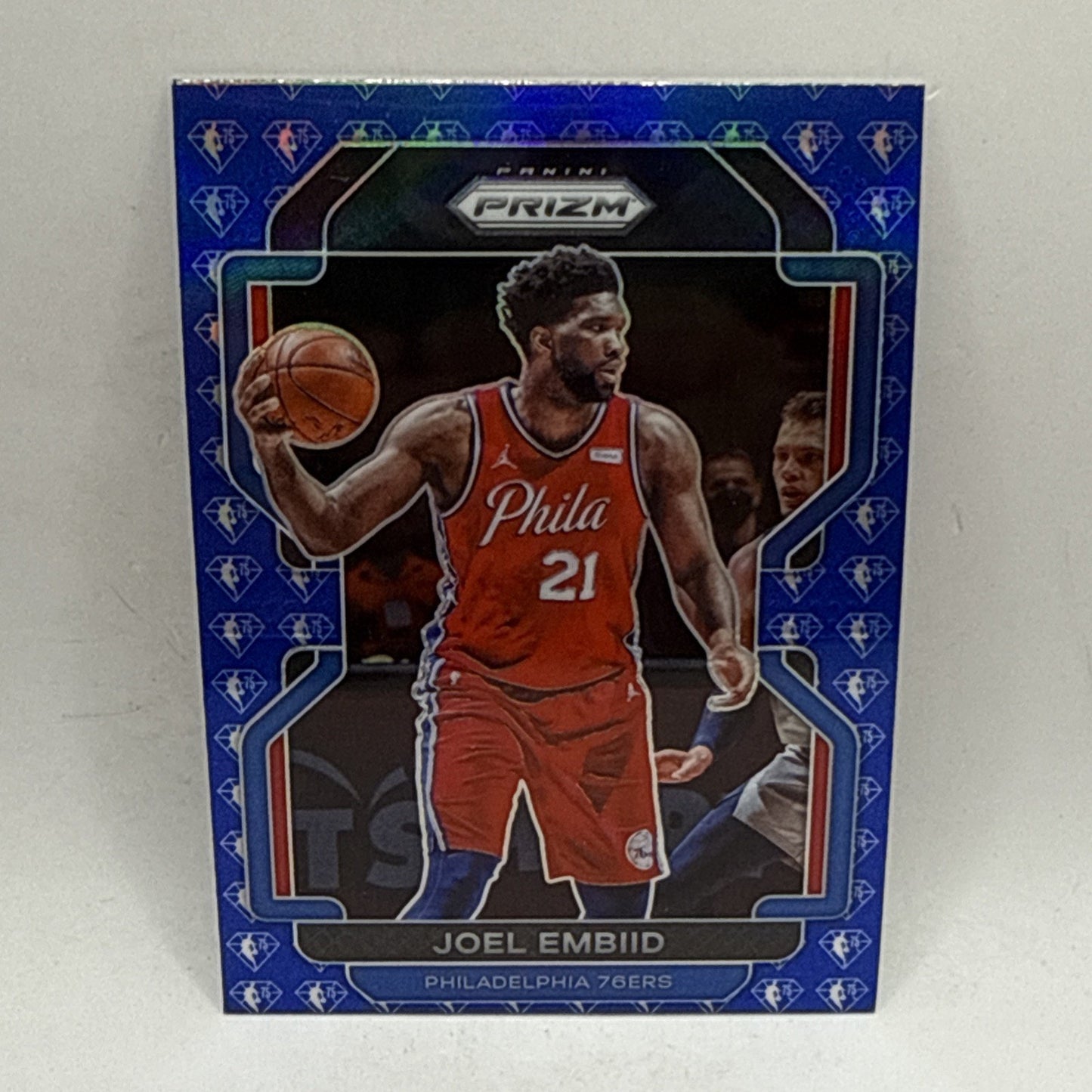 2021-22 Panini Prizm #176 Joel Embiid 75th Anniversary Blue Diamond Logo