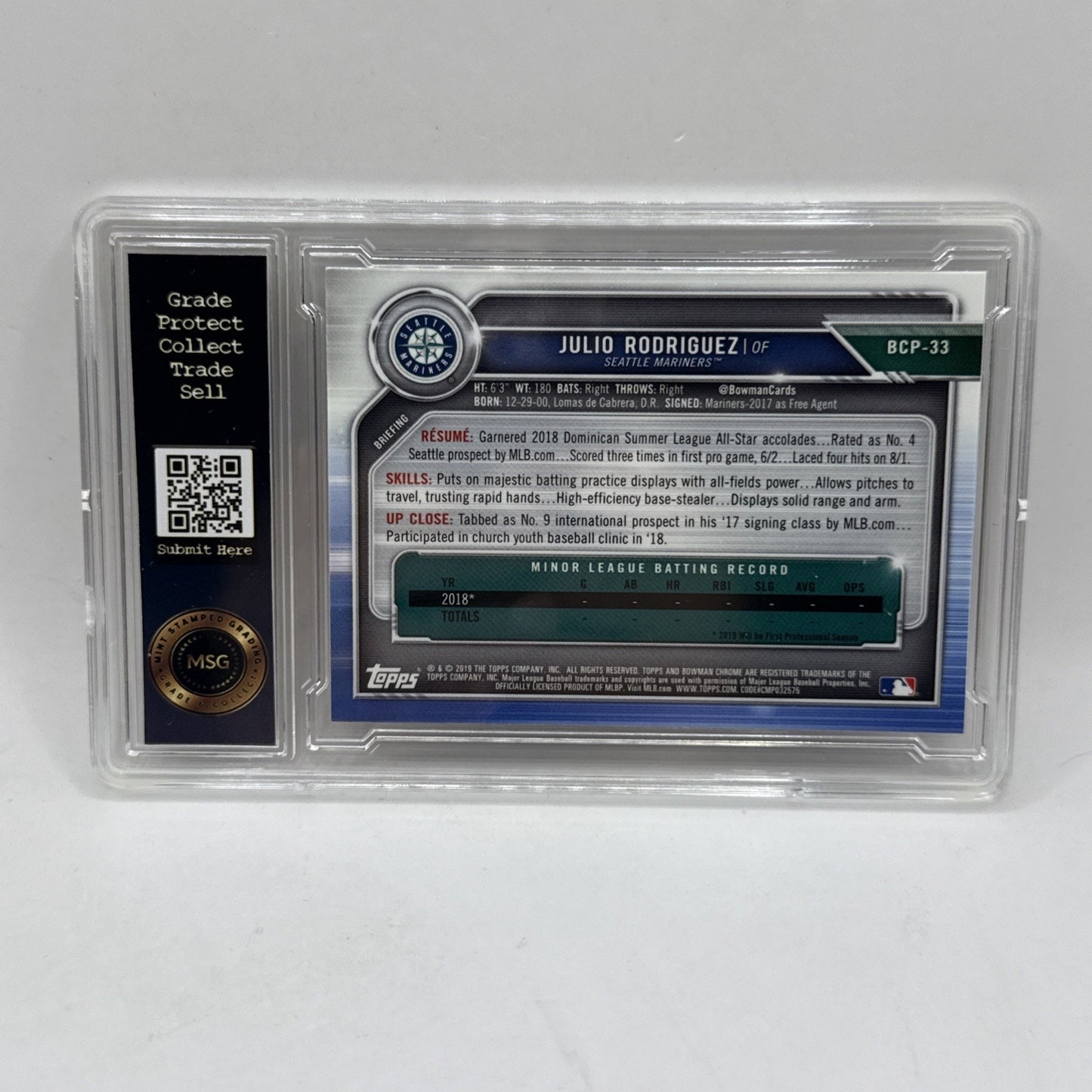 2019 Bowman BP33 Julio Rodriguez Paper Prospects - Seattle Mariners ROY Graded 9
