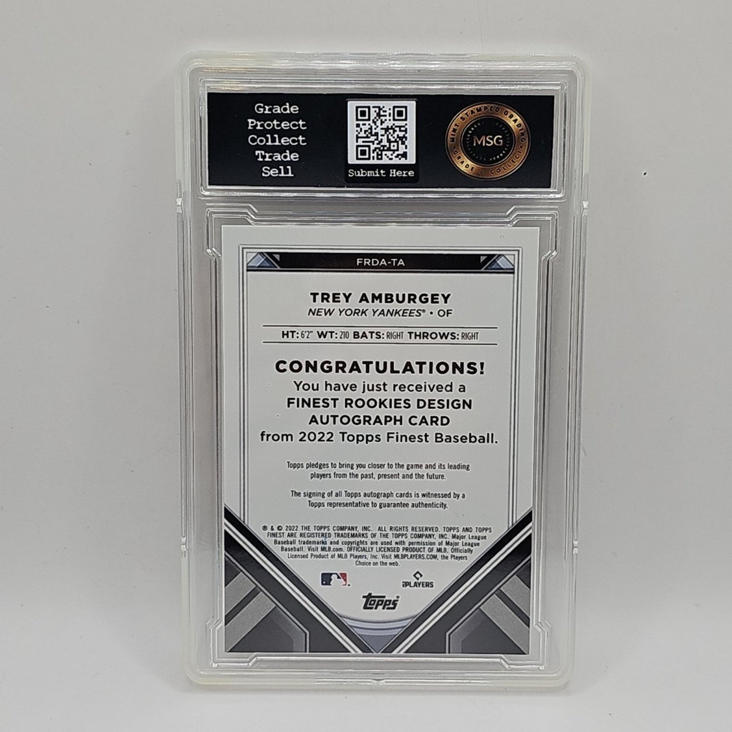 2022 Finest #FRDA-TA Trey Amburgey Auto New York Yankees Finest RC Graded 9