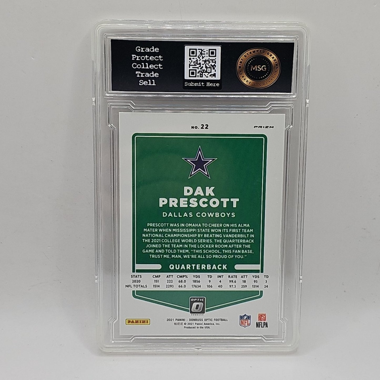 2021 Donruss Optic Dak Prescott Silver Holo Prizm #22 Dallas Cowboys Graded 9