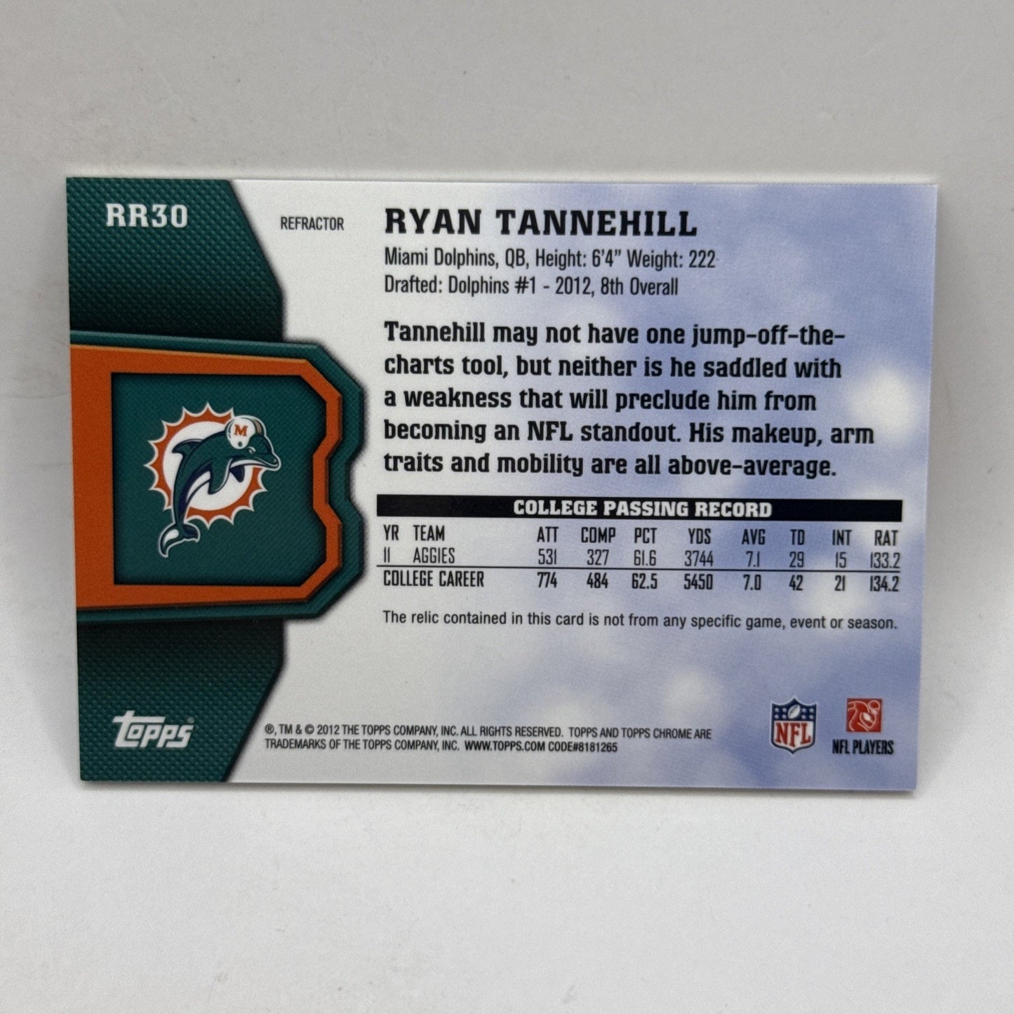 2012 Topps Chrome Refractor #30 Ryan Tannehill Rookie JERSEY Dolphins NFL /150