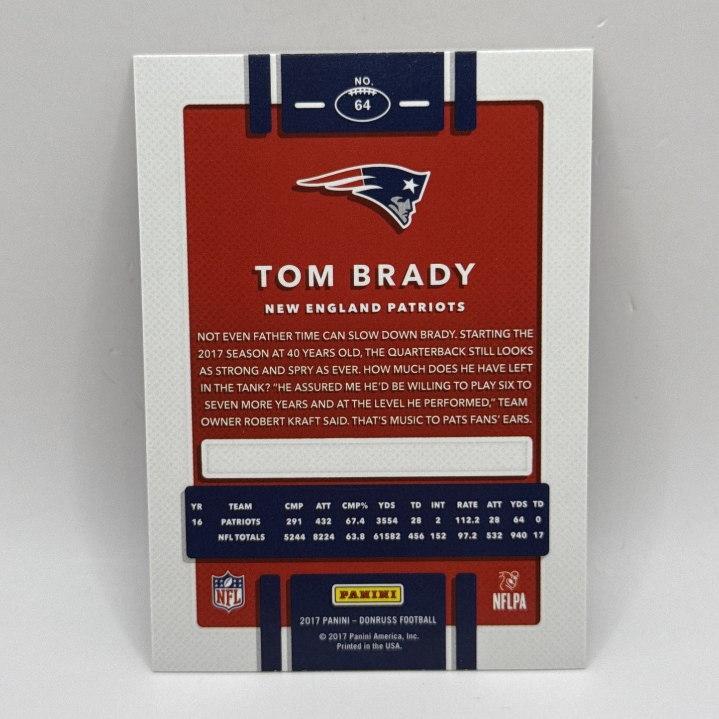 2017 Panini Donruss #64 Tom Brady New England Patriots NFL Football Card