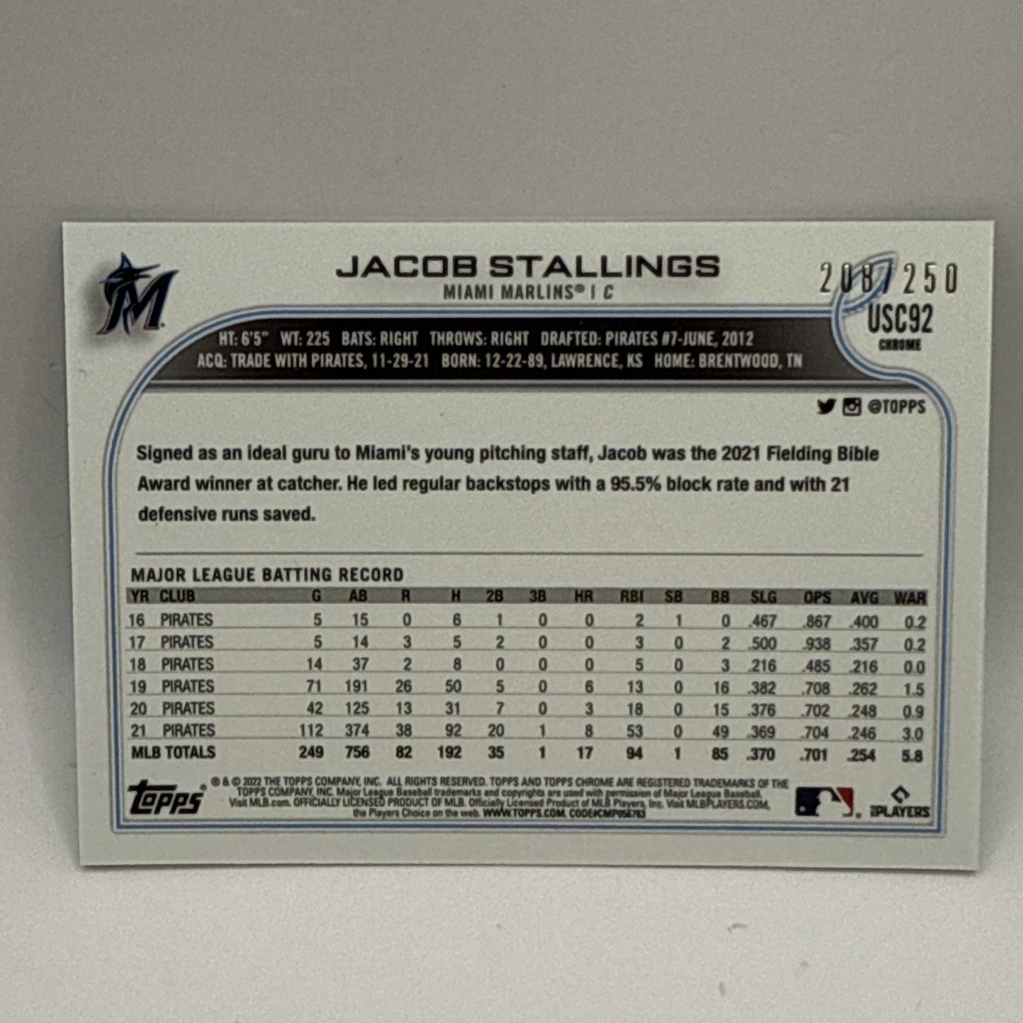 2022 Topps Chrome Jacob Stallings Aqua Refractor /250 Mlb Miami Marlins