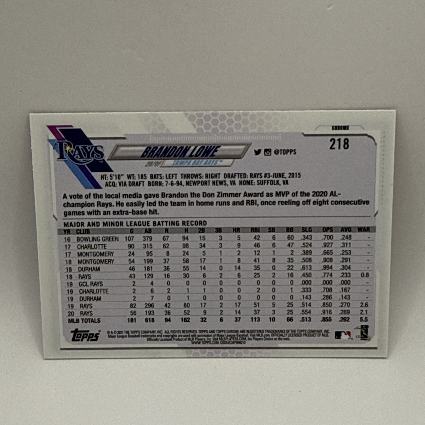 2021 Topps Chrome Baseball Pink Refractor #218 - Brandon Lowe - Tampa Bay Rays